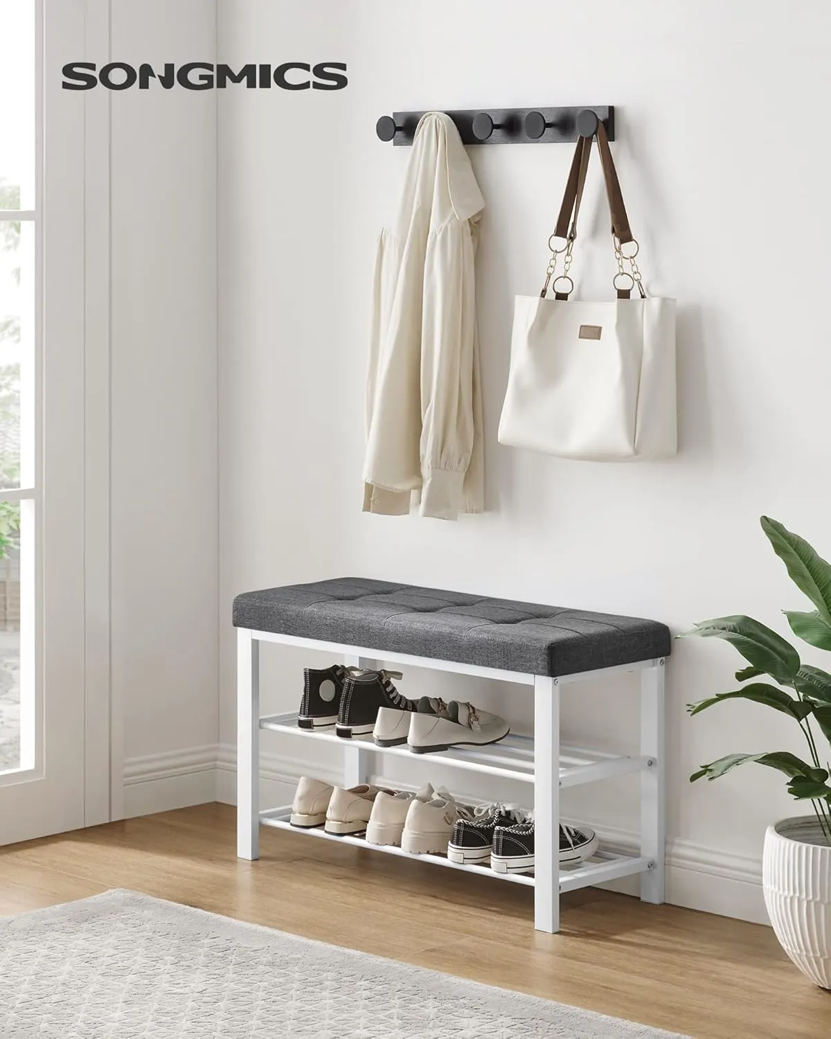SONGMICS Shoe Bench, Storage Bench, Entryway Bench with Cushion, Shoe Shelf with Seat, Space-Saving, Modern Style, for Living Room, Bedroom, Hallway, Dark Gray and Cloud White ULBS057W01