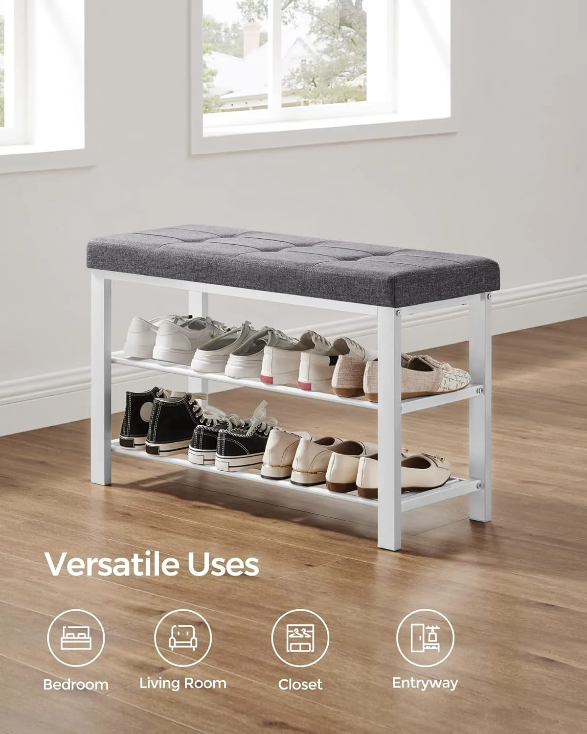 SONGMICS Shoe Bench, Storage Bench, Entryway Bench with Cushion, Shoe Shelf with Seat, Space-Saving, Modern Style, for Living Room, Bedroom, Hallway, Dark Gray and Cloud White ULBS057W01