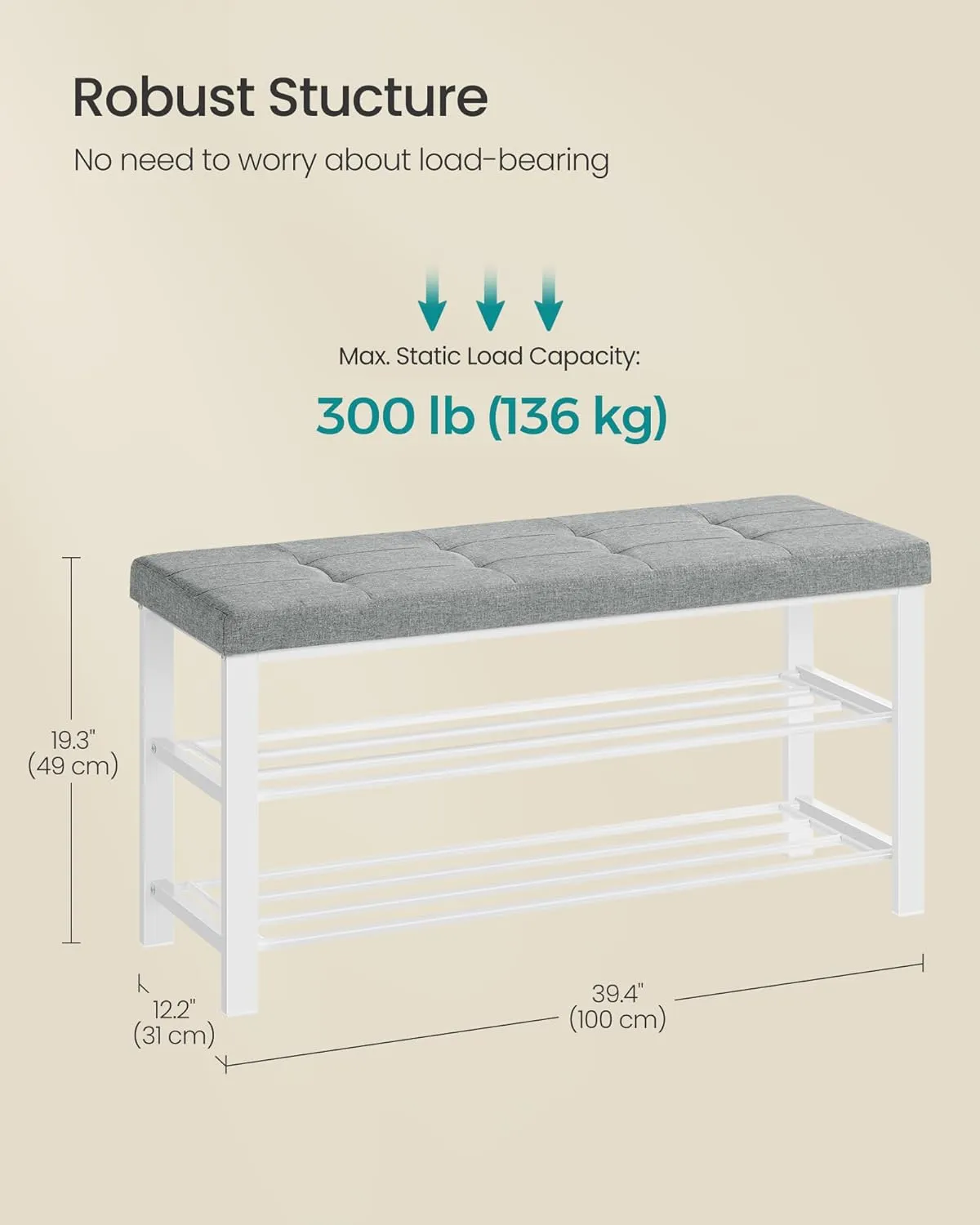 SONGMICS Shoe Bench, Storage Bench, Entryway Bench with Cushion, Shoe Shelf with Seat, Space-Saving, Modern Style, for Living Room, Bedroom, Hallway, Dove Gray and Cloud White ULBS579W01