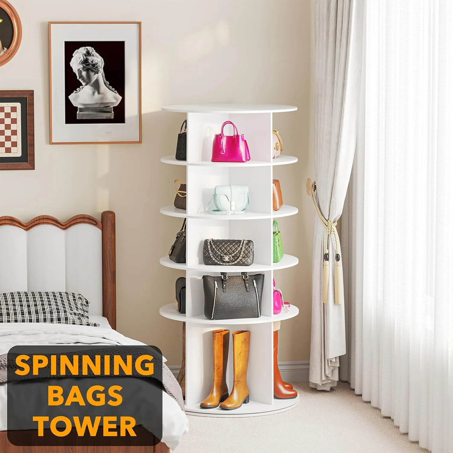 SpaceAid Rotating Shoe Rack 5 Tier Organizer, High Bottom Design Shoe Tower Spinning Storage Lazy Susan, Revolving Rack 360, Closet Handbag Display Rotate Organizers (White)