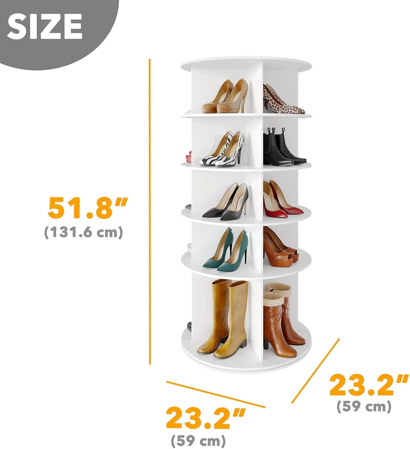 SpaceAid Rotating Shoe Rack 5 Tier Organizer, High Bottom Design Shoe Tower Spinning Storage Lazy Susan, Revolving Rack 360, Closet Handbag Display Rotate Organizers (White)