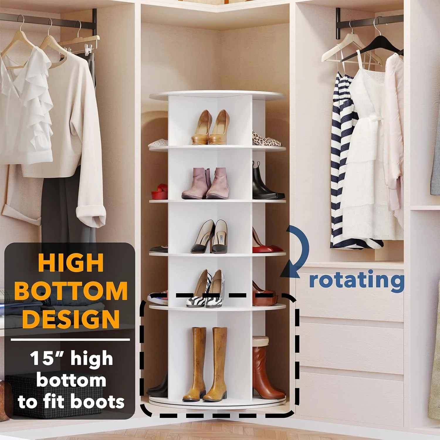 SpaceAid Rotating Shoe Rack 5 Tier Organizer, High Bottom Design Shoe Tower Spinning Storage Lazy Susan, Revolving Rack 360, Closet Handbag Display Rotate Organizers (White)