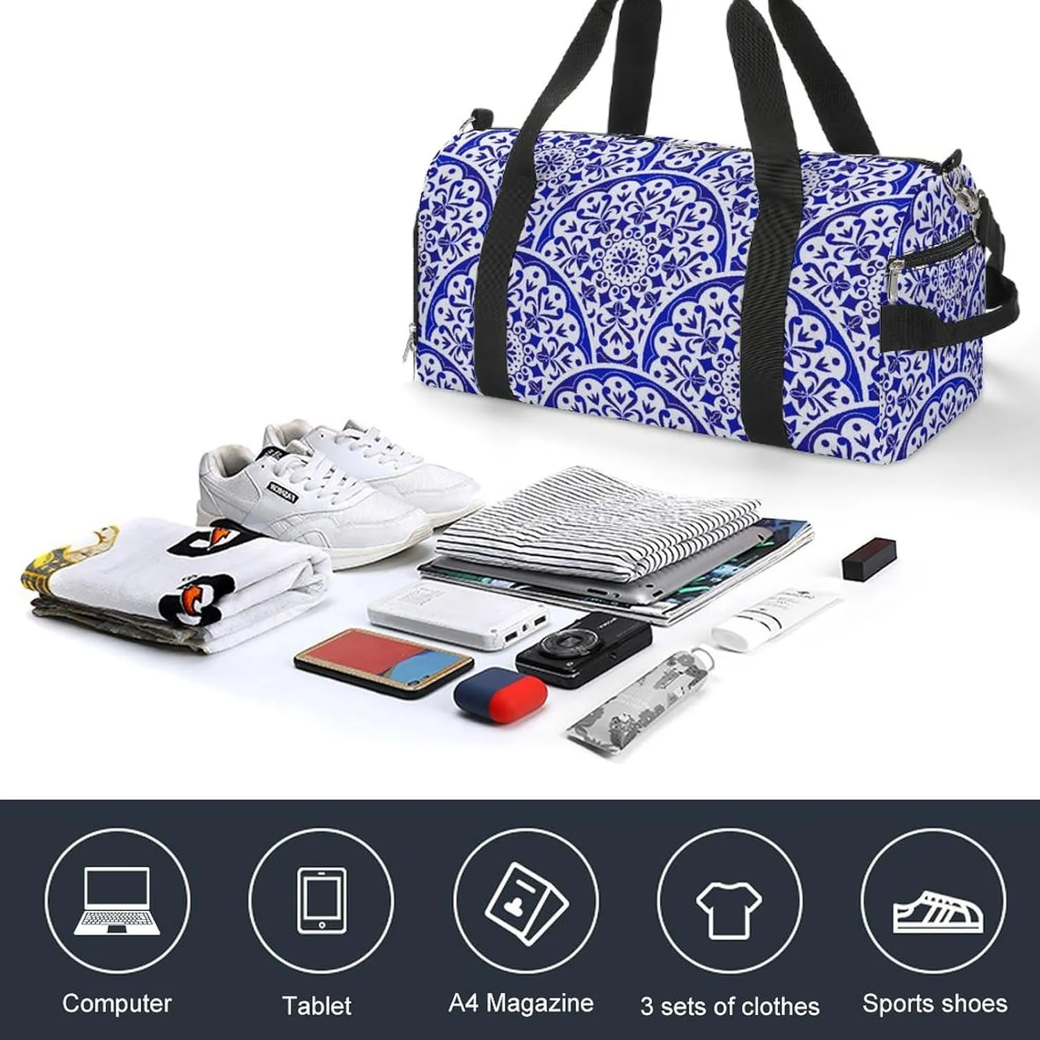 Sport Gym Duffel with Shoe Compartment Wet Pocket, Blue-white-chinese-pattern Shoulder Travel Bag for Women Men, style-4