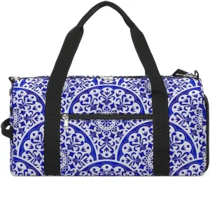 Sport Gym Duffel with Shoe Compartment Wet Pocket, Blue-white-chinese-pattern Shoulder Travel Bag for Women Men, style-4