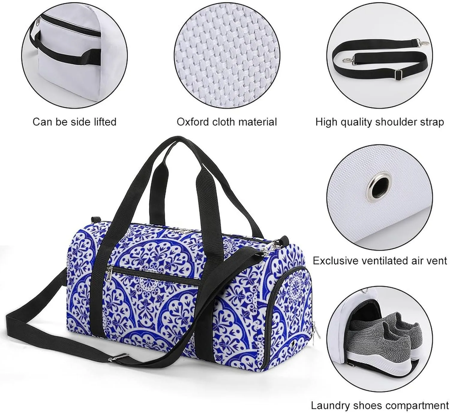 Sport Gym Duffel with Shoe Compartment Wet Pocket, Blue-white-chinese-pattern Shoulder Travel Bag for Women Men, style-4