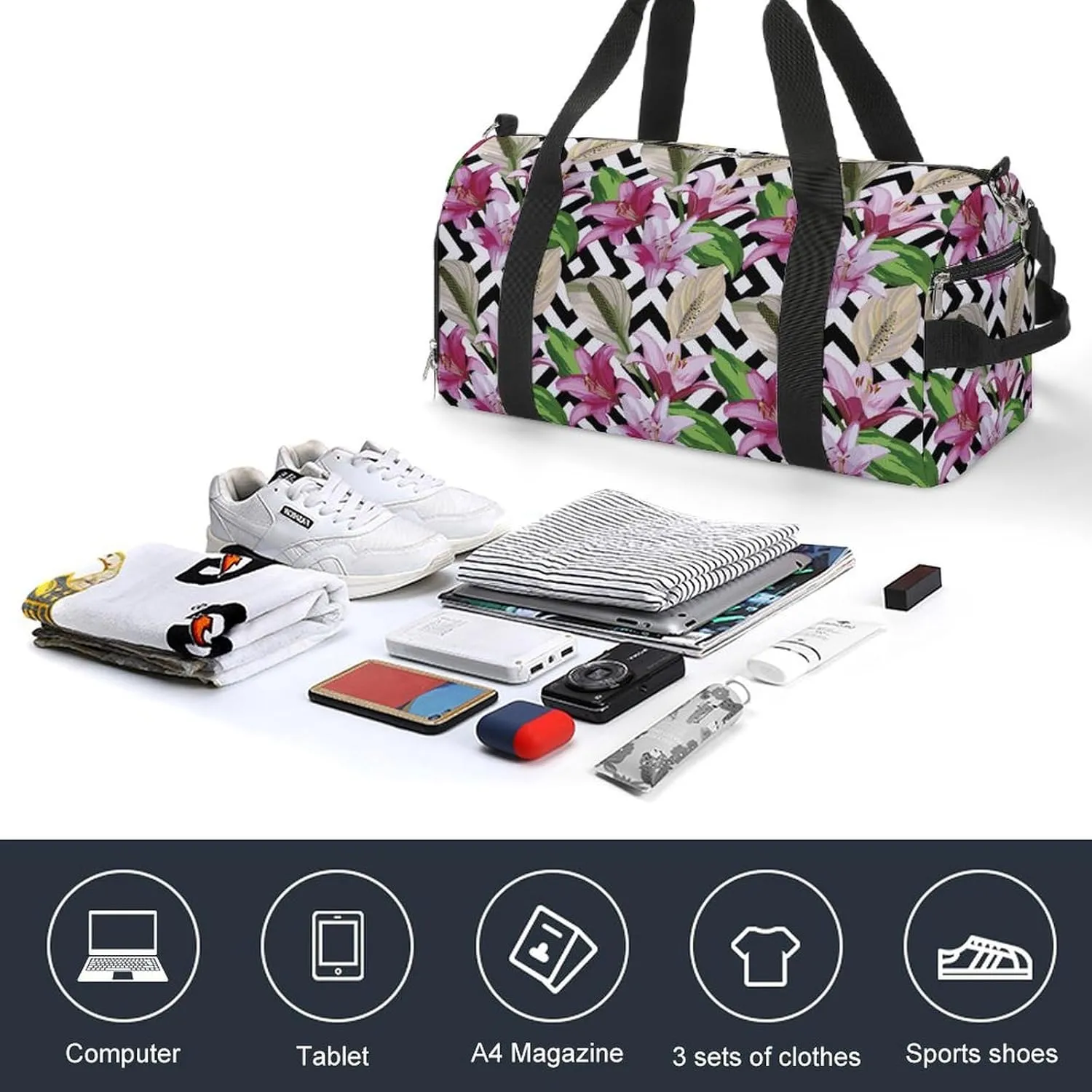 Sport Gym Duffel with Shoe Compartment Wet Pocket, Flower-texture Shoulder Travel Bag for Women Men