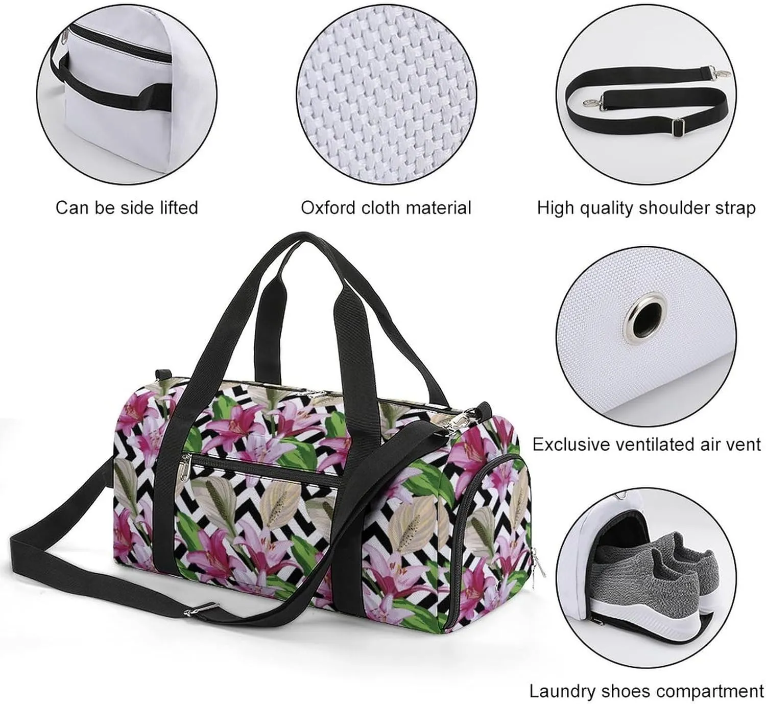 Sport Gym Duffel with Shoe Compartment Wet Pocket, Flower-texture Shoulder Travel Bag for Women Men