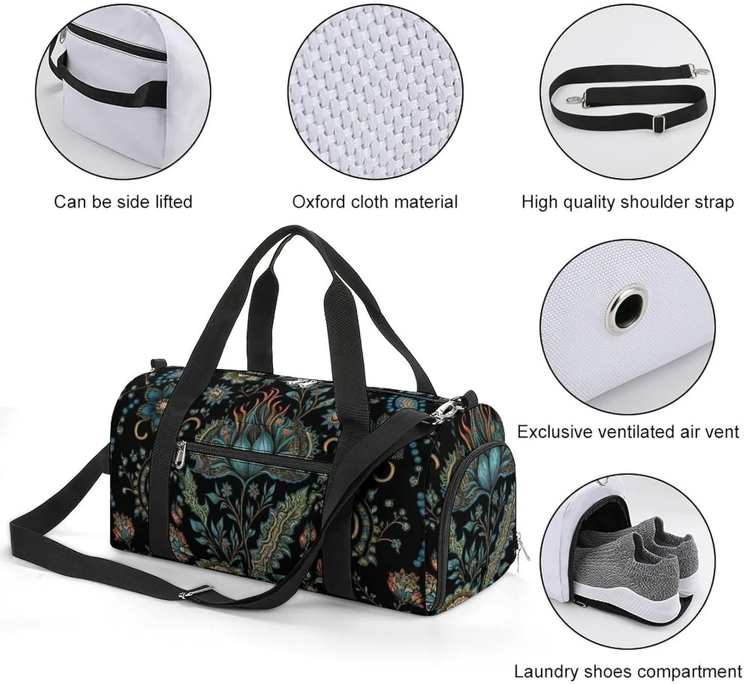 Sport Gym Duffel with Shoe Compartment Wet Pocket, Intricate-floral-style Shoulder Travel Bag for Women Men