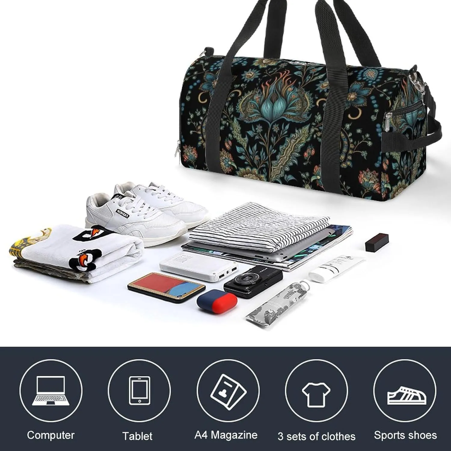 Sport Gym Duffel with Shoe Compartment Wet Pocket, Intricate-floral-style Shoulder Travel Bag for Women Men