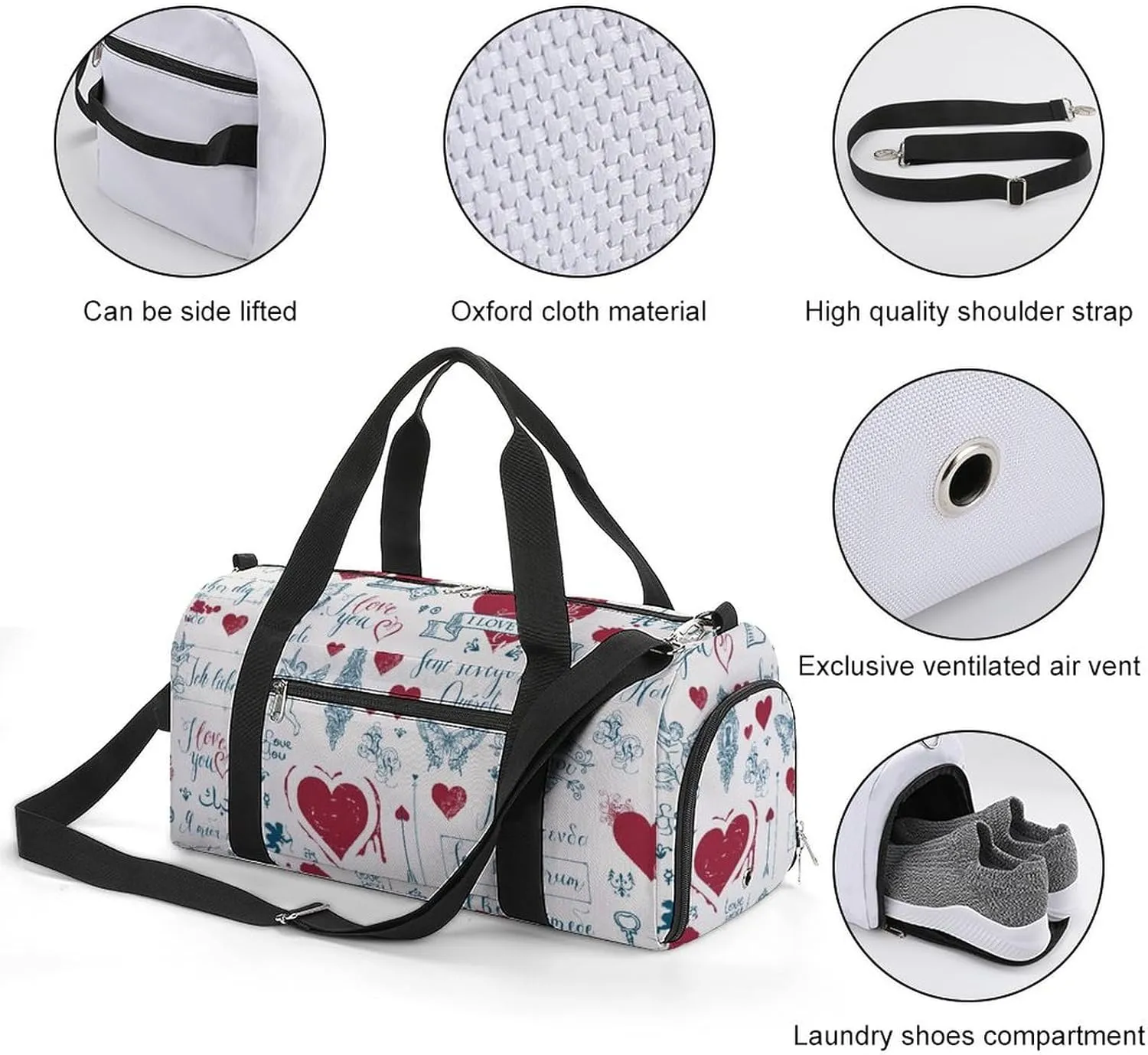 Sport Gym Duffel with Shoe Compartment Wet Pocket, Love-print Shoulder Travel Bag for Women Men, style-4