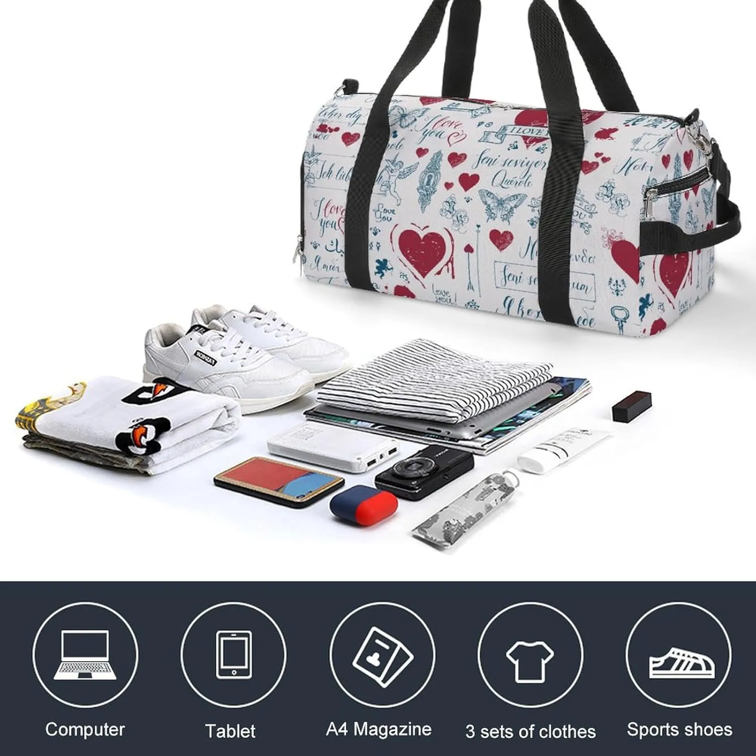 Sport Gym Duffel with Shoe Compartment Wet Pocket, Love-print Shoulder Travel Bag for Women Men, style-4