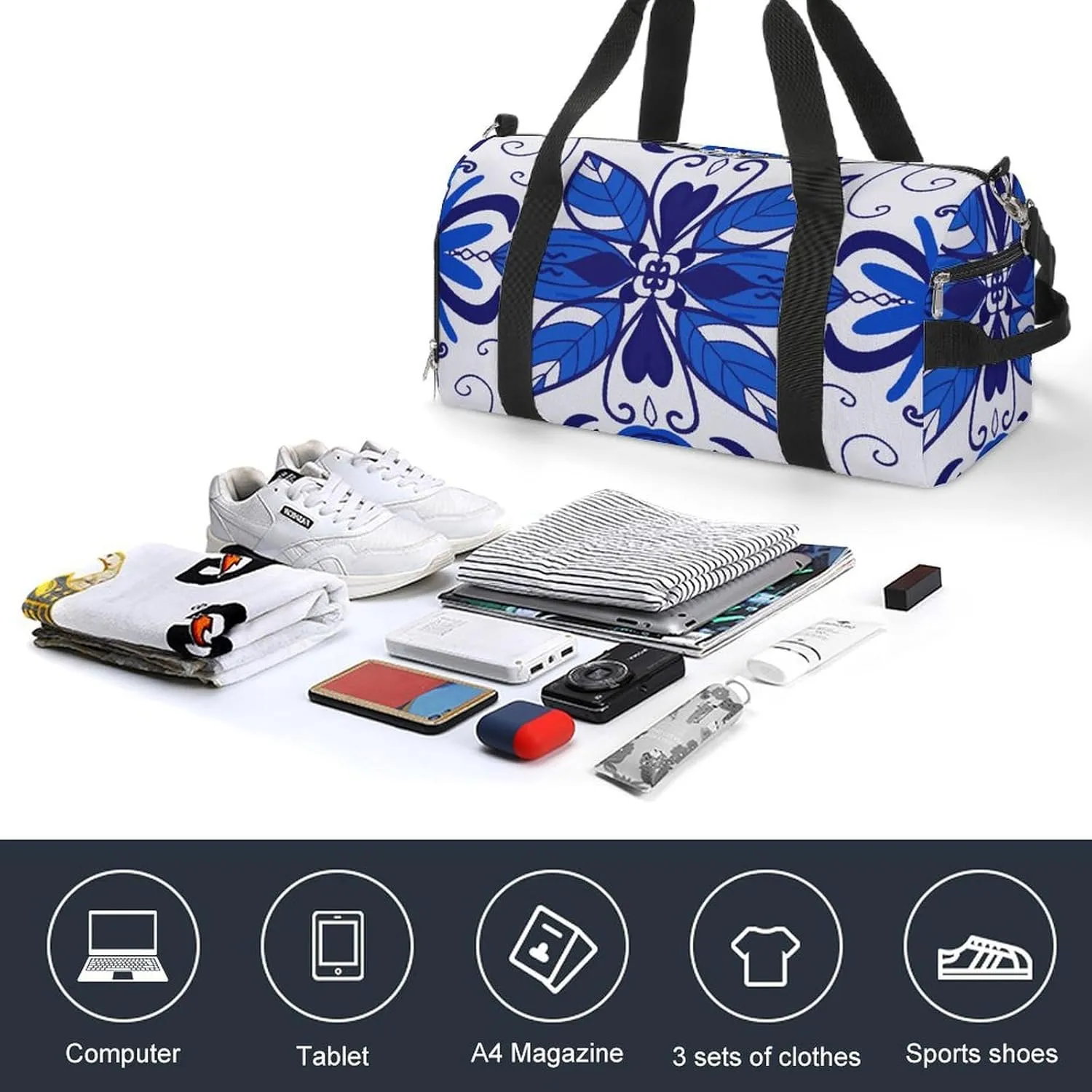 Sport Gym Duffel with Shoe Compartment Wet Pocket, Majolica-patterns2 Shoulder Travel Bag for Women Men, style-1