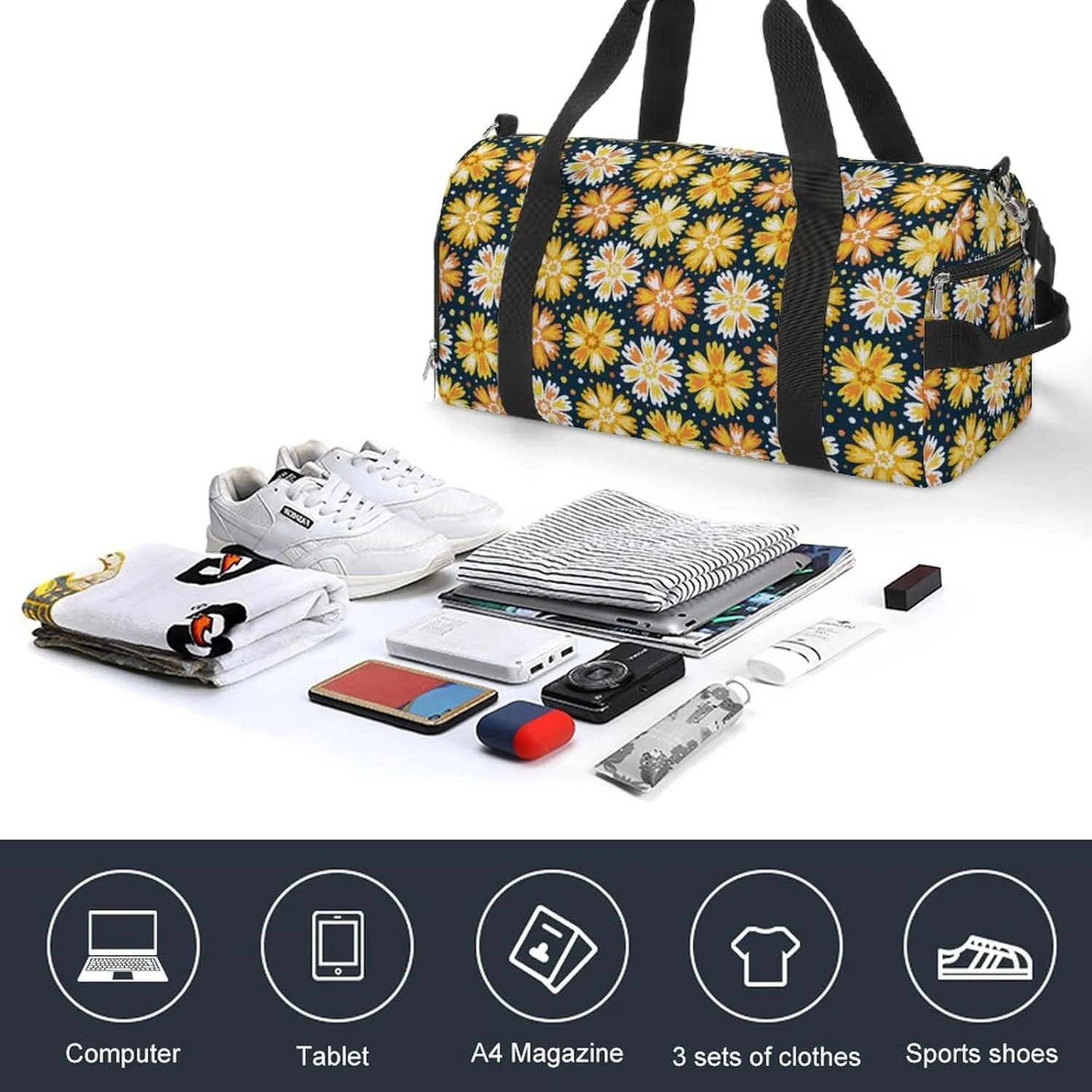 Sport Gym Duffel with Shoe Compartment Wet Pocket, Marigold-flower-pattern Shoulder Travel Bag for Women Men, style-2
