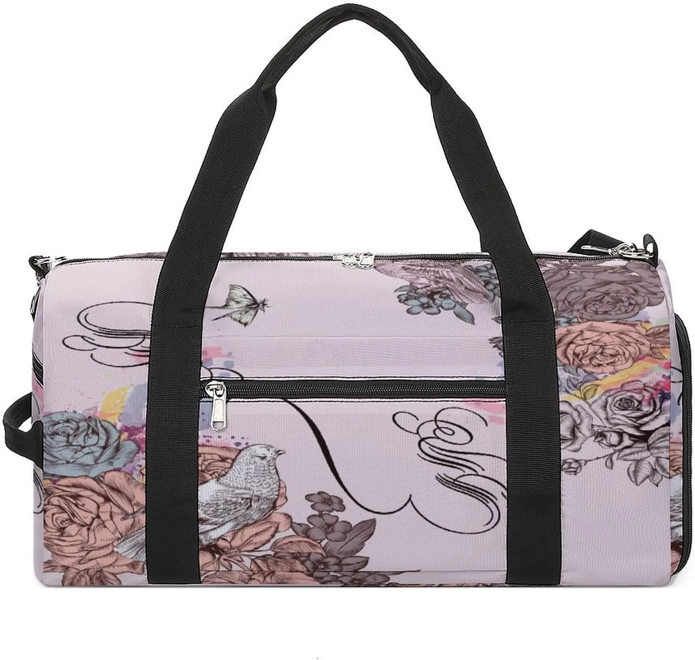 Sport Gym Duffel with Shoe Compartment Wet Pocket, Pink-flora-print Shoulder Travel Bag for Women Men
