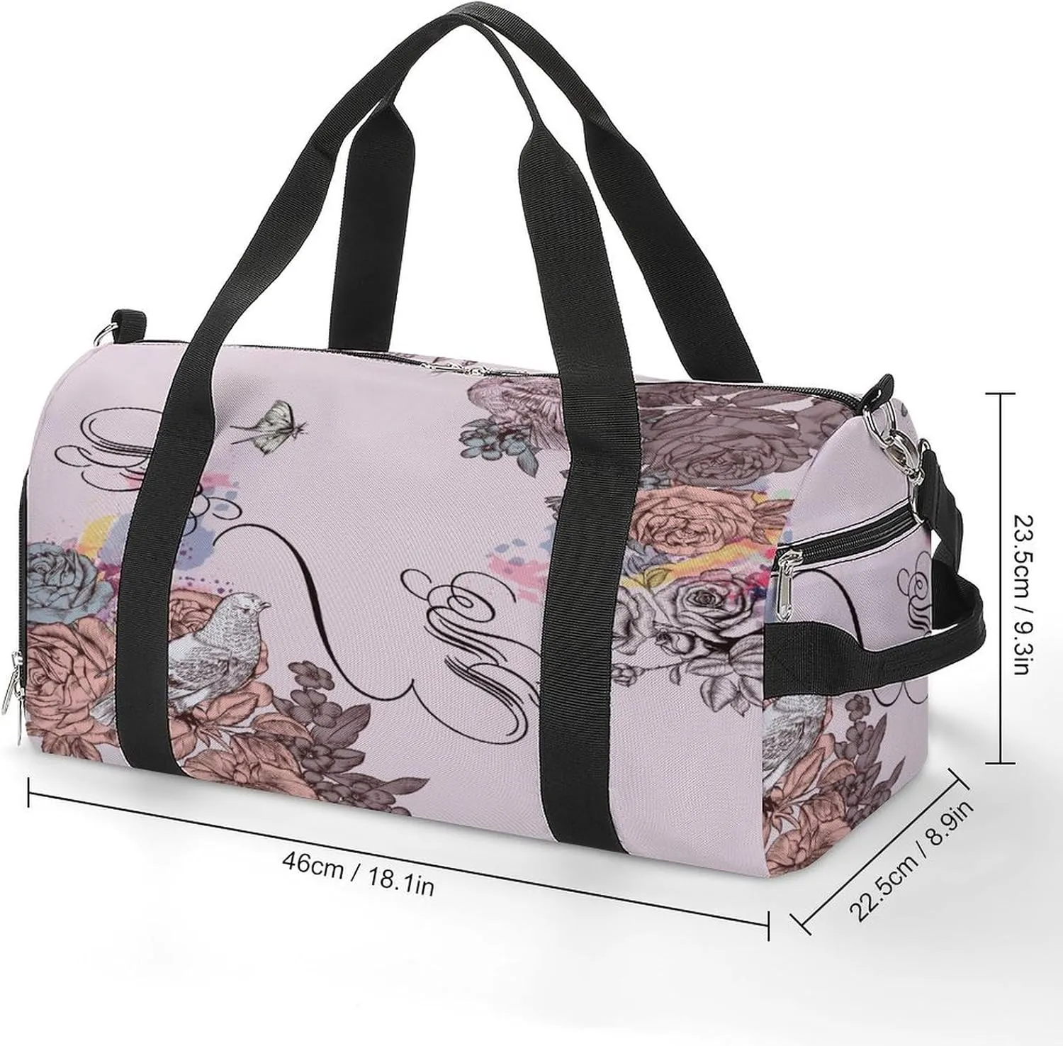 Sport Gym Duffel with Shoe Compartment Wet Pocket, Pink-flora-print Shoulder Travel Bag for Women Men