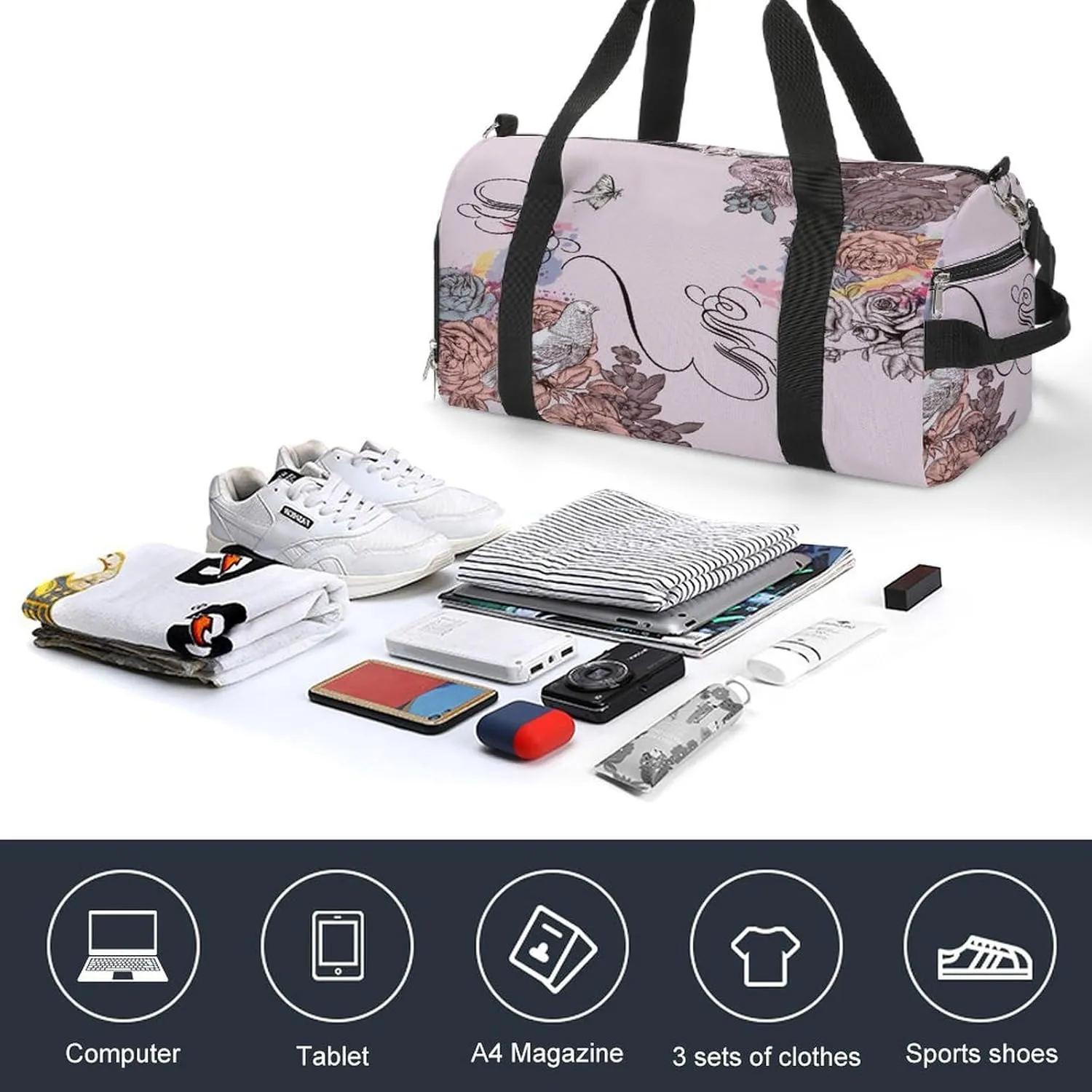 Sport Gym Duffel with Shoe Compartment Wet Pocket, Pink-flora-print Shoulder Travel Bag for Women Men