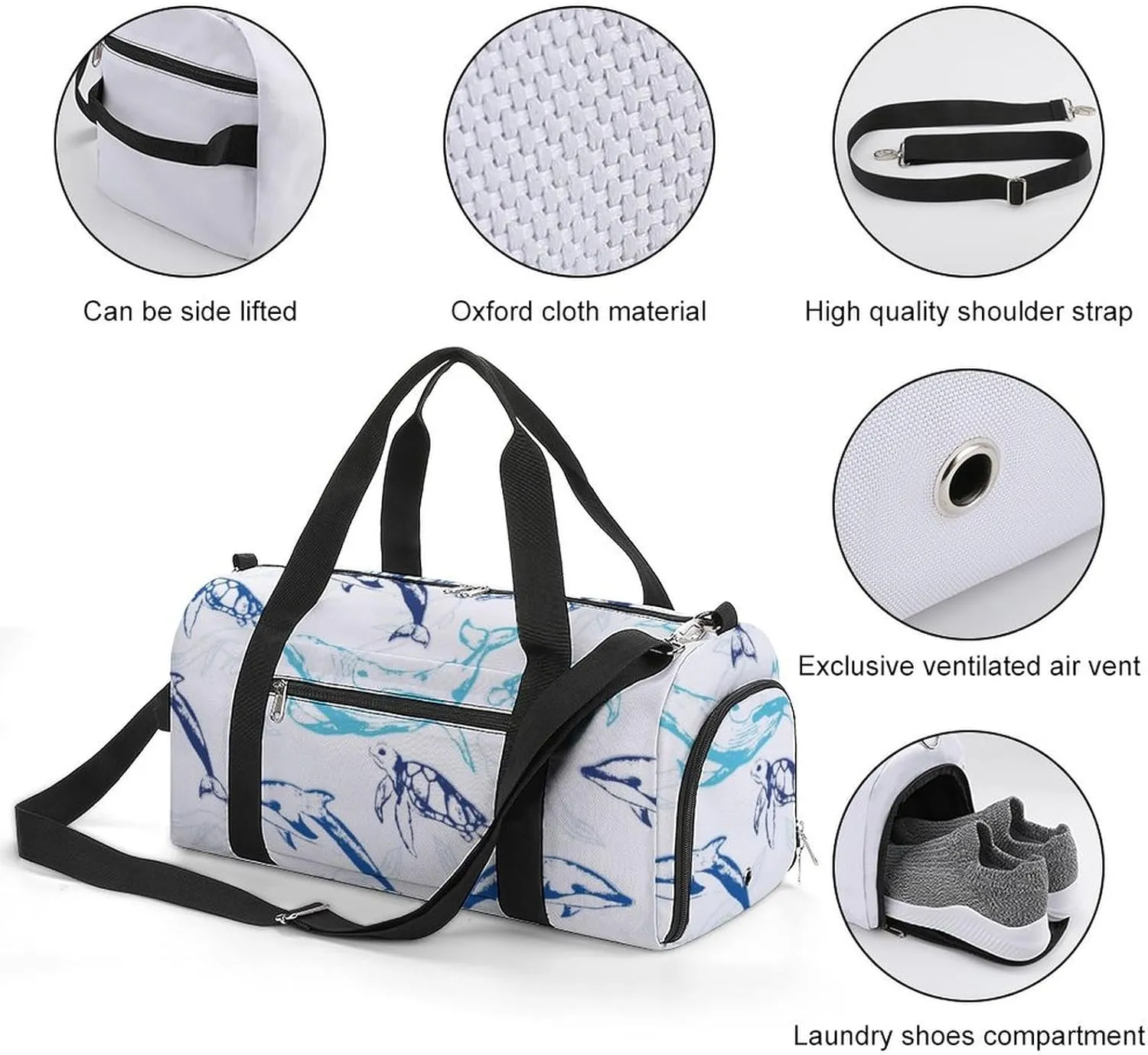 Sport Gym Duffel with Shoe Compartment Wet Pocket, Sharks Pattern Shoulder Travel Bag for Women Men