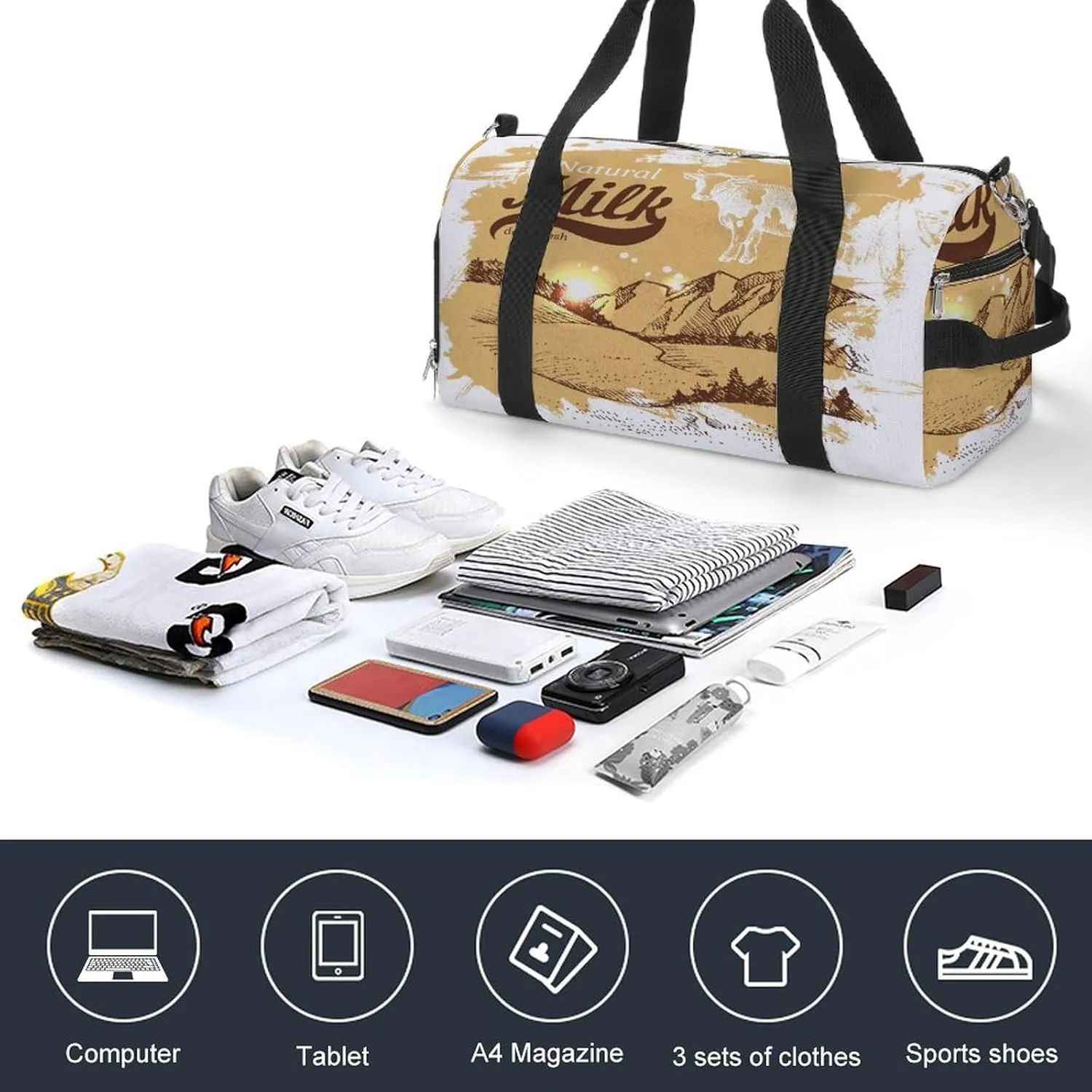 Sport Gym Duffel with Shoe Compartment Wet Pocket, Vintage Print Shoulder Travel Bag for Women Men
