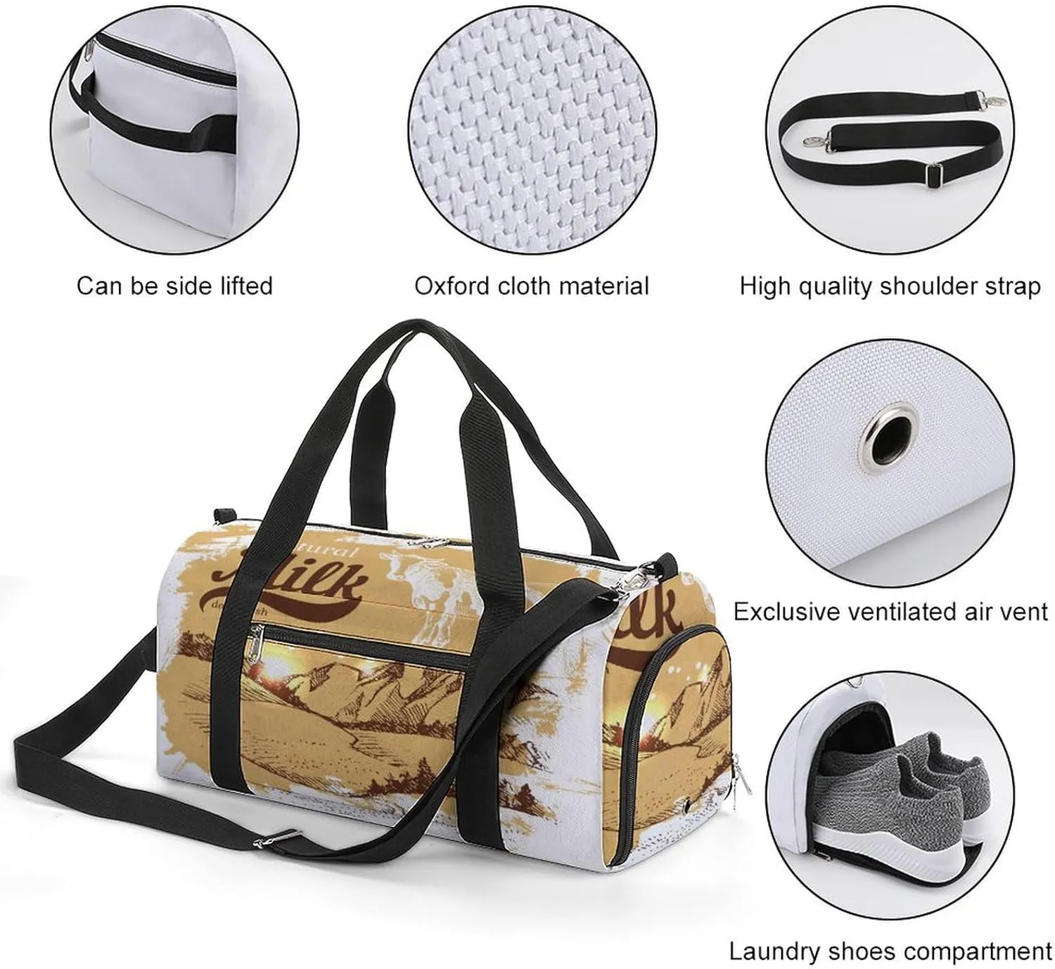 Sport Gym Duffel with Shoe Compartment Wet Pocket, Vintage Print Shoulder Travel Bag for Women Men