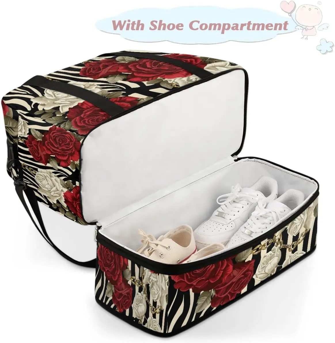 Sports Duffel Bag, Foldable Roses Flower Floral Zebra Stripes Travel Duffel Bag, Gym Yoga Beach Bag Weekender Overnight Bag with Shoes Compartment for Men Women, Rose
