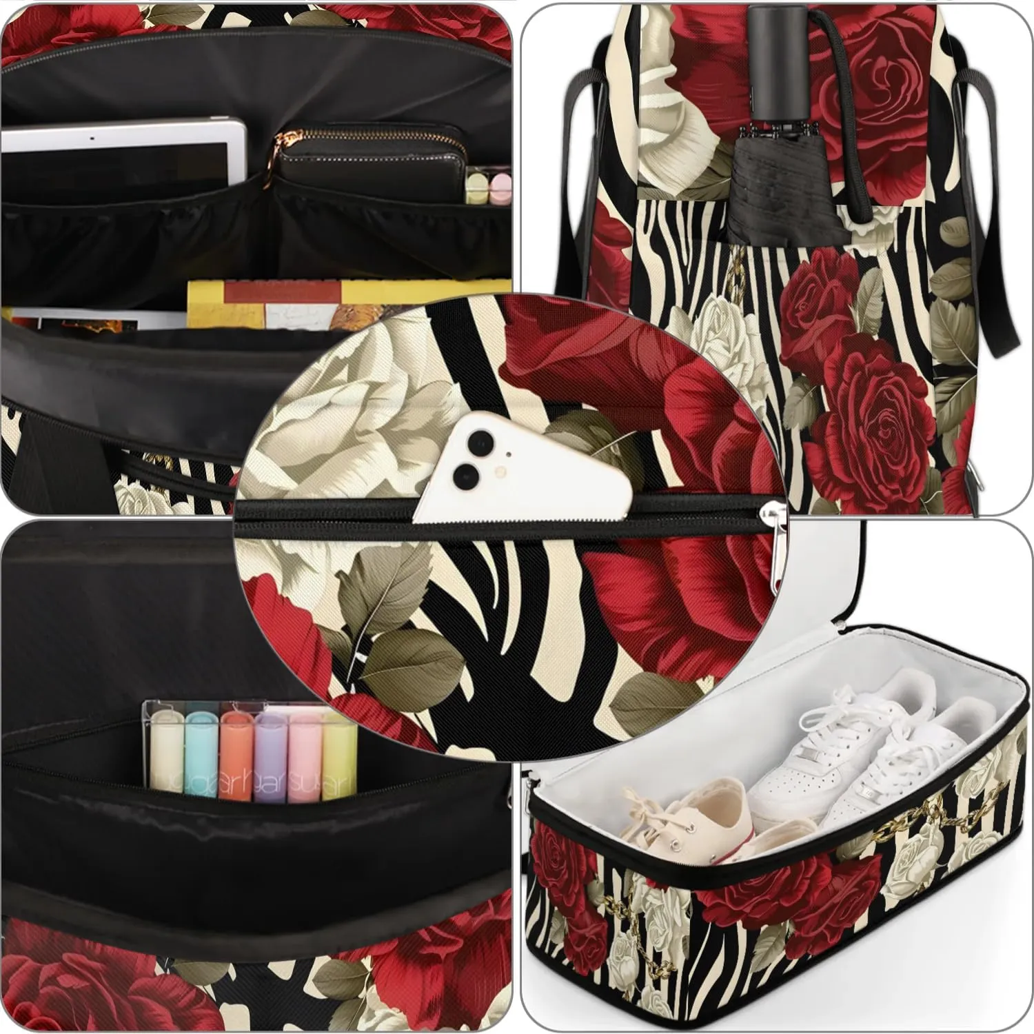 Sports Duffel Bag, Foldable Roses Flower Floral Zebra Stripes Travel Duffel Bag, Gym Yoga Beach Bag Weekender Overnight Bag with Shoes Compartment for Men Women, Rose