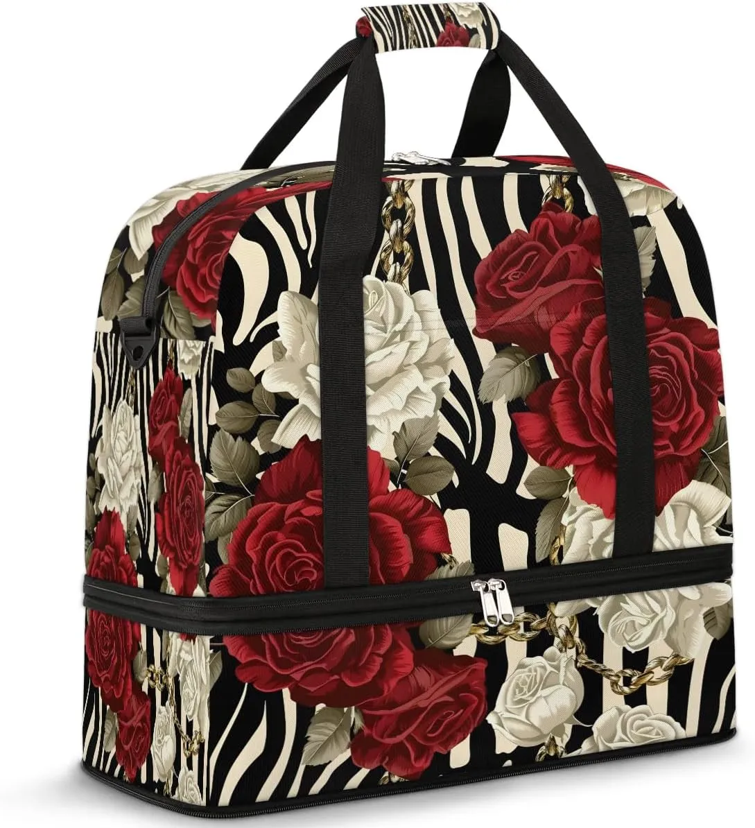 Sports Duffel Bag, Foldable Roses Flower Floral Zebra Stripes Travel Duffel Bag, Gym Yoga Beach Bag Weekender Overnight Bag with Shoes Compartment for Men Women, Rose