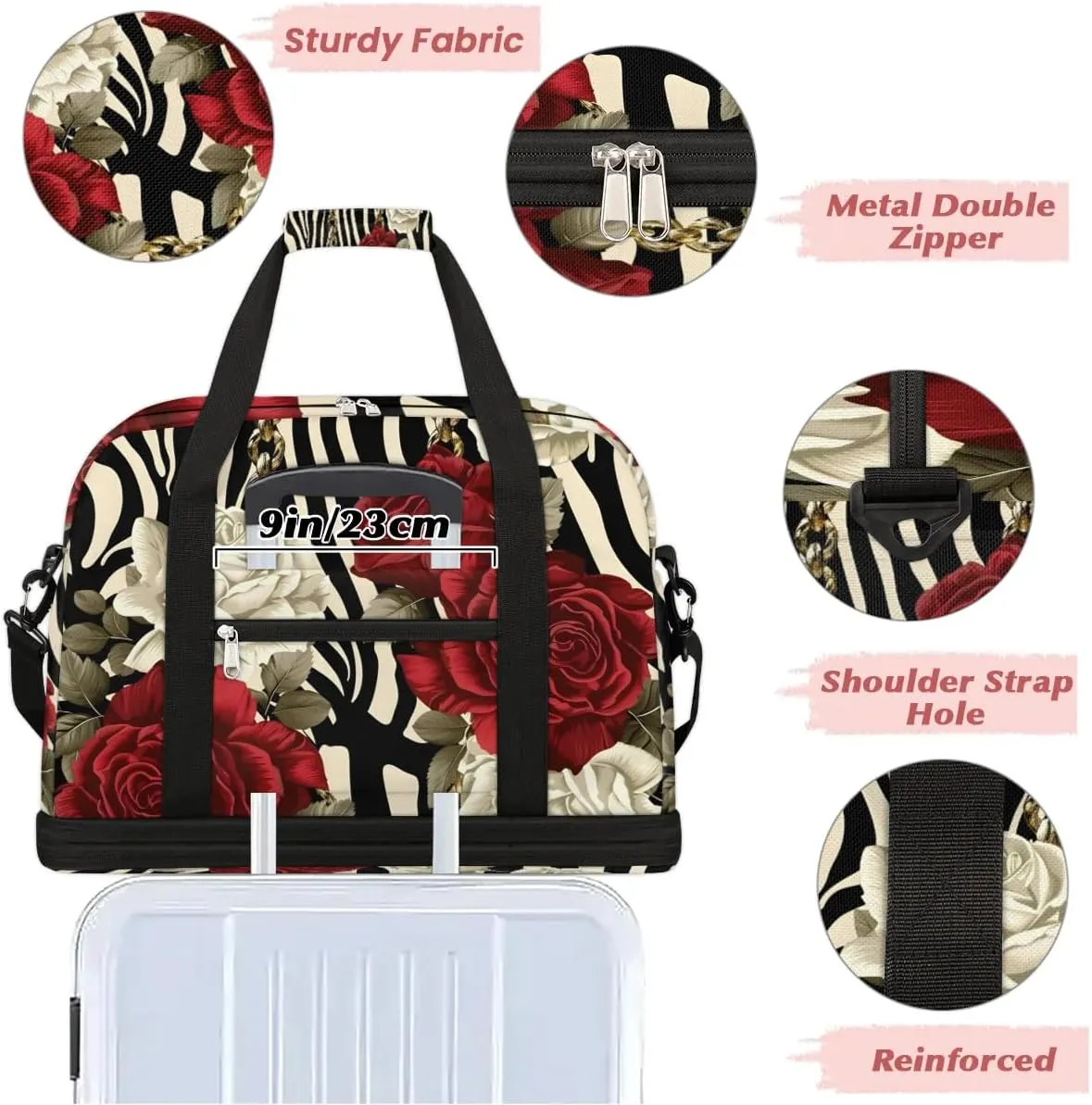 Sports Duffel Bag, Foldable Roses Flower Floral Zebra Stripes Travel Duffel Bag, Gym Yoga Beach Bag Weekender Overnight Bag with Shoes Compartment for Men Women, Rose
