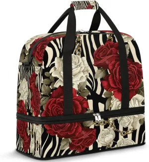 Sports Duffel Bag, Foldable Roses Flower Floral Zebra Stripes Travel Duffel Bag, Gym Yoga Beach Bag Weekender Overnight Bag with Shoes Compartment for Men Women, Rose