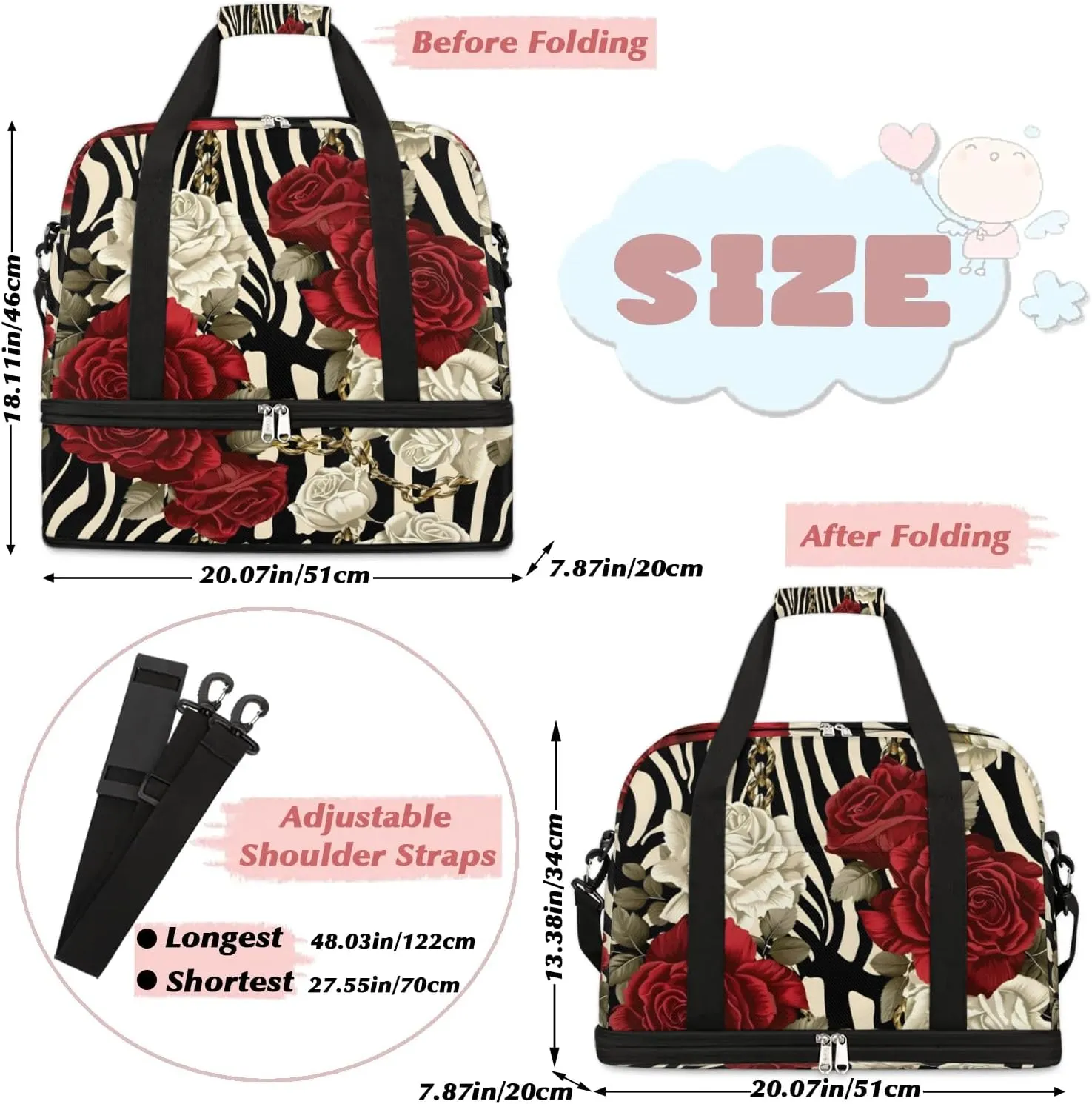 Sports Duffel Bag, Foldable Roses Flower Floral Zebra Stripes Travel Duffel Bag, Gym Yoga Beach Bag Weekender Overnight Bag with Shoes Compartment for Men Women, Rose