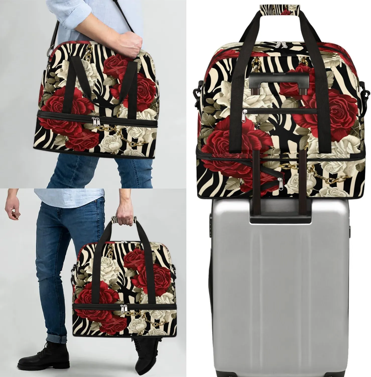 Sports Duffel Bag, Foldable Roses Flower Floral Zebra Stripes Travel Duffel Bag, Gym Yoga Beach Bag Weekender Overnight Bag with Shoes Compartment for Men Women, Rose