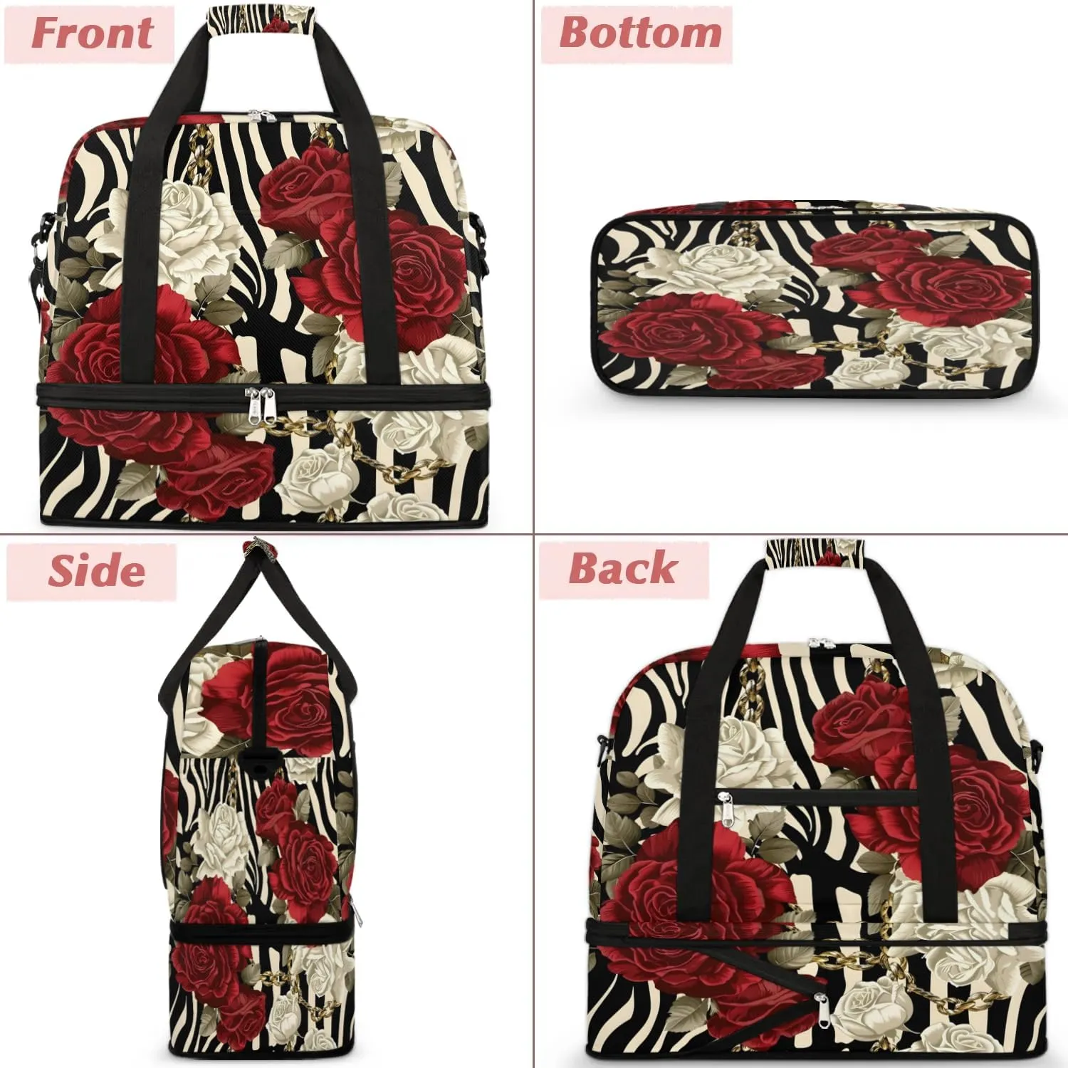 Sports Duffel Bag, Foldable Roses Flower Floral Zebra Stripes Travel Duffel Bag, Gym Yoga Beach Bag Weekender Overnight Bag with Shoes Compartment for Men Women, Rose