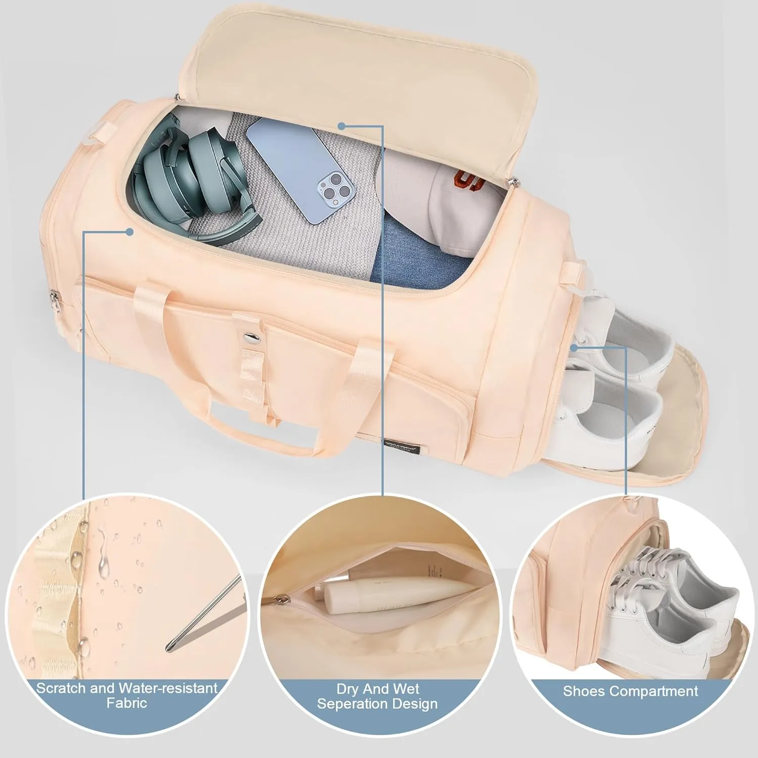Sports Gym Bag for Women with Shoe Compartment, Beige