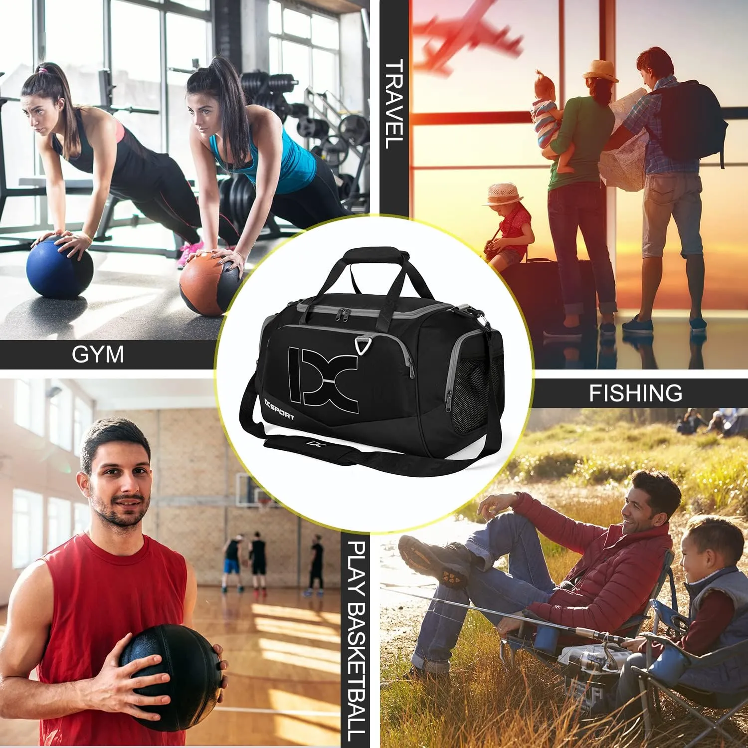 Sports Gym Bag，INOXTO Travel Duffel Bag with Dry Wet Pocket And Shoe CompartmentFor Women and Men，40L/55L Fitness Waterproof Weekender Bag For Swim Sports Travel Working Out (Black white, 40L)