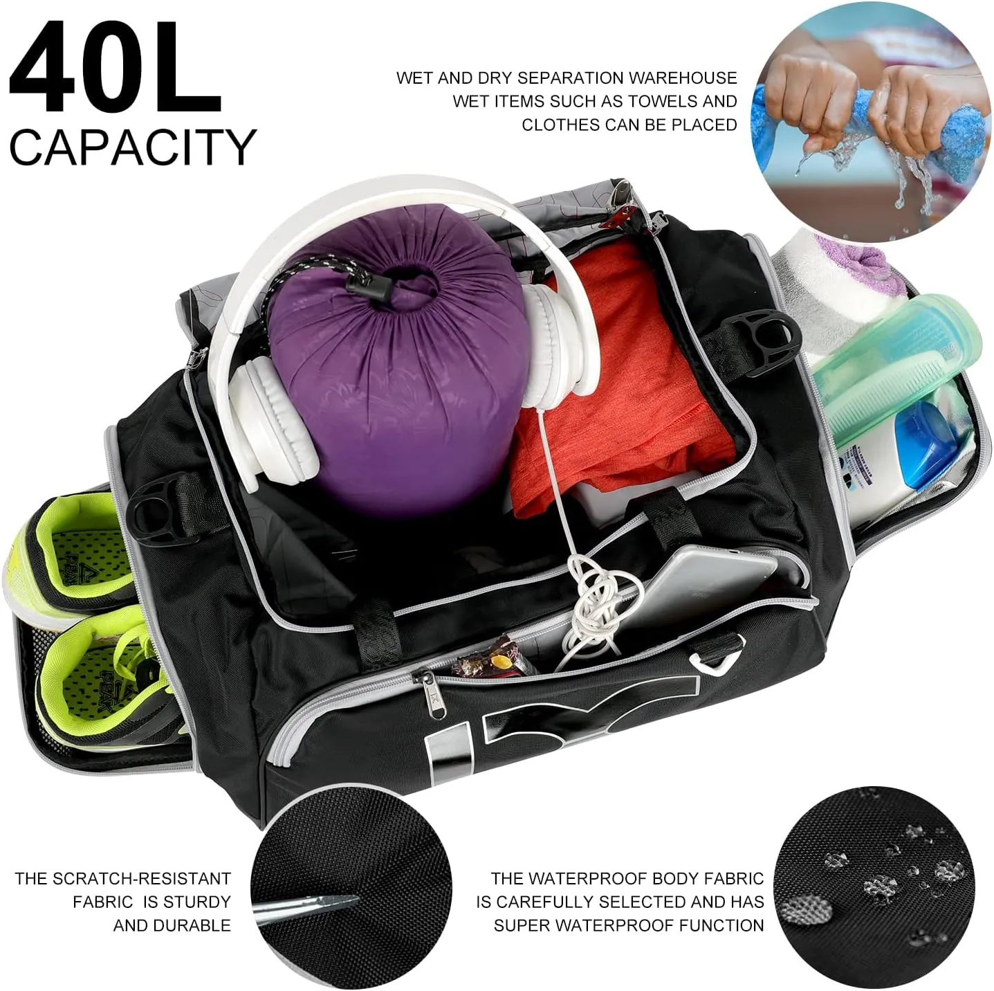 Sports Gym Bag，INOXTO Travel Duffel Bag with Dry Wet Pocket And Shoe CompartmentFor Women and Men，40L/55L Fitness Waterproof Weekender Bag For Swim Sports Travel Working Out (Black white, 40L)