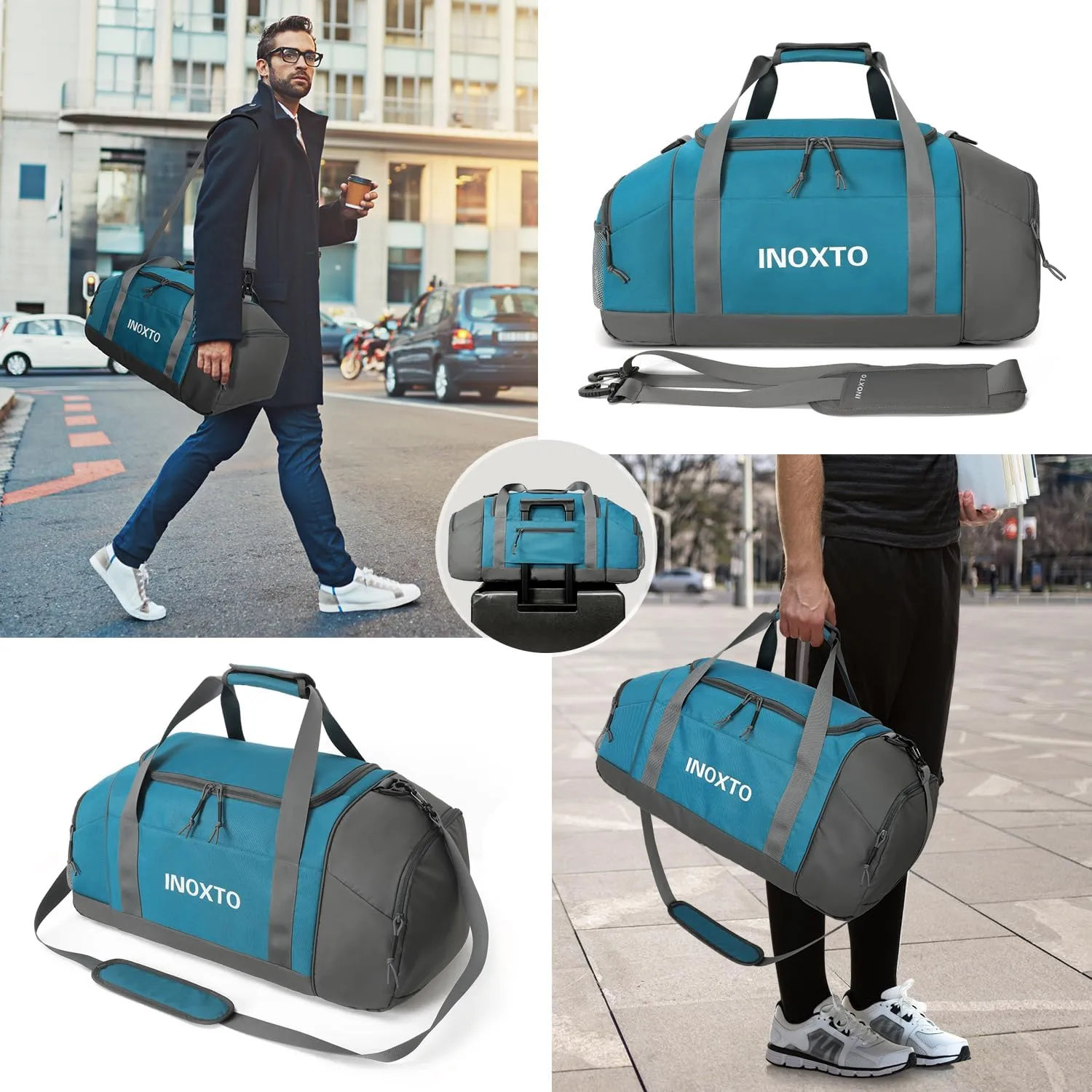 Sports Gym Bag，INOXTO Travel Duffel Bag with Dry Wet Pocket And Shoe CompartmentFor Women and Men，40L/55L Fitness Waterproof Weekender Bag For Swim Sports Travel Working Out (Blue White, 55L)