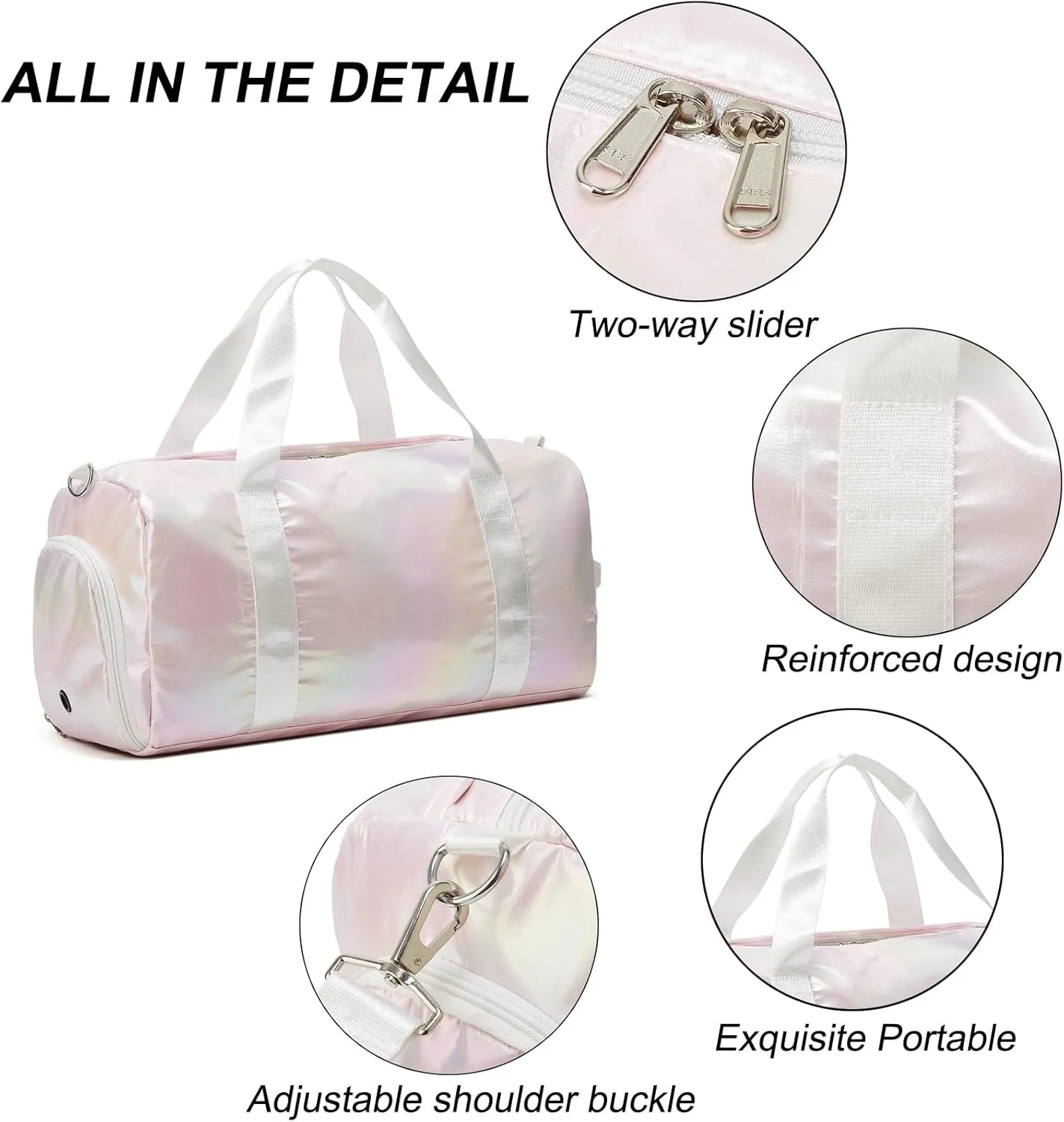Sports Gym Dance Bag for Women Girls, Shimmery Waterproof Duffle Travel Bag With Shoes Compartment and Wet Dry Pocket (Pink)