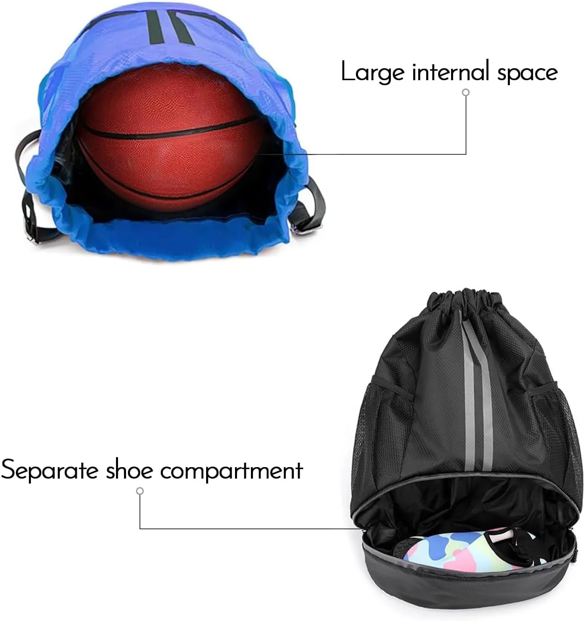 Sports Gym Drawstring Backpack with Shoe Compartment, Waterproof Pocket & Water Bottle Holder for Men and Women (Dark Blue)