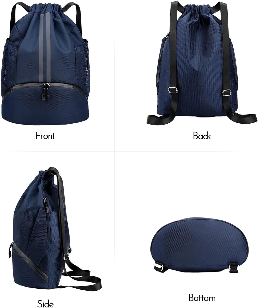 Sports Gym Drawstring Backpack with Shoe Compartment, Waterproof Pocket & Water Bottle Holder for Men and Women (Dark Blue)