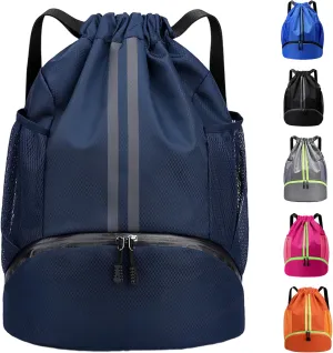 Sports Gym Drawstring Backpack with Shoe Compartment, Waterproof Pocket & Water Bottle Holder for Men and Women (Dark Blue)