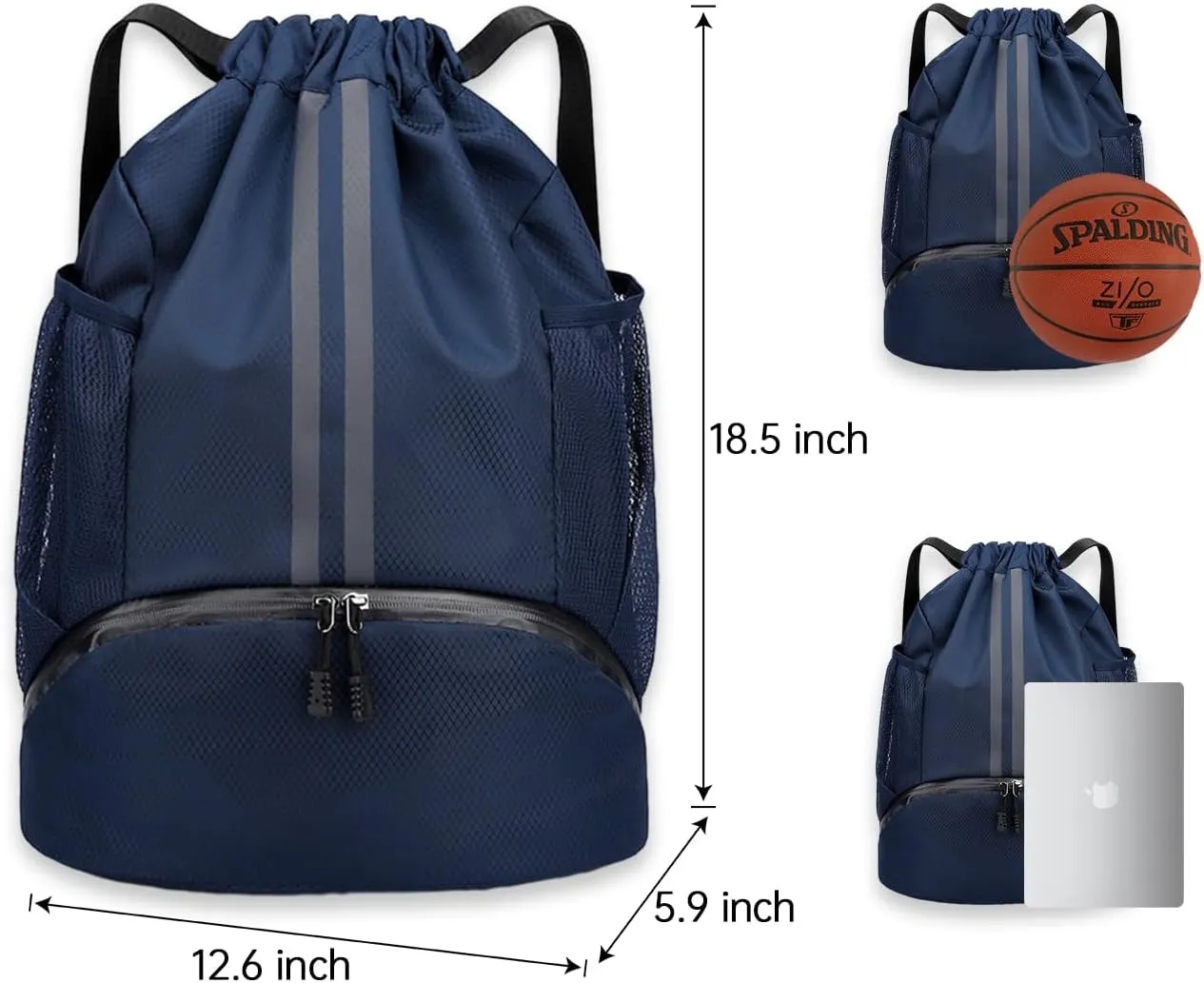Sports Gym Drawstring Backpack with Shoe Compartment, Waterproof Pocket & Water Bottle Holder for Men and Women (Dark Blue)