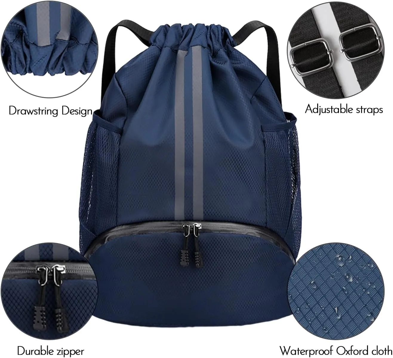 Sports Gym Drawstring Backpack with Shoe Compartment, Waterproof Pocket & Water Bottle Holder for Men and Women (Dark Blue)