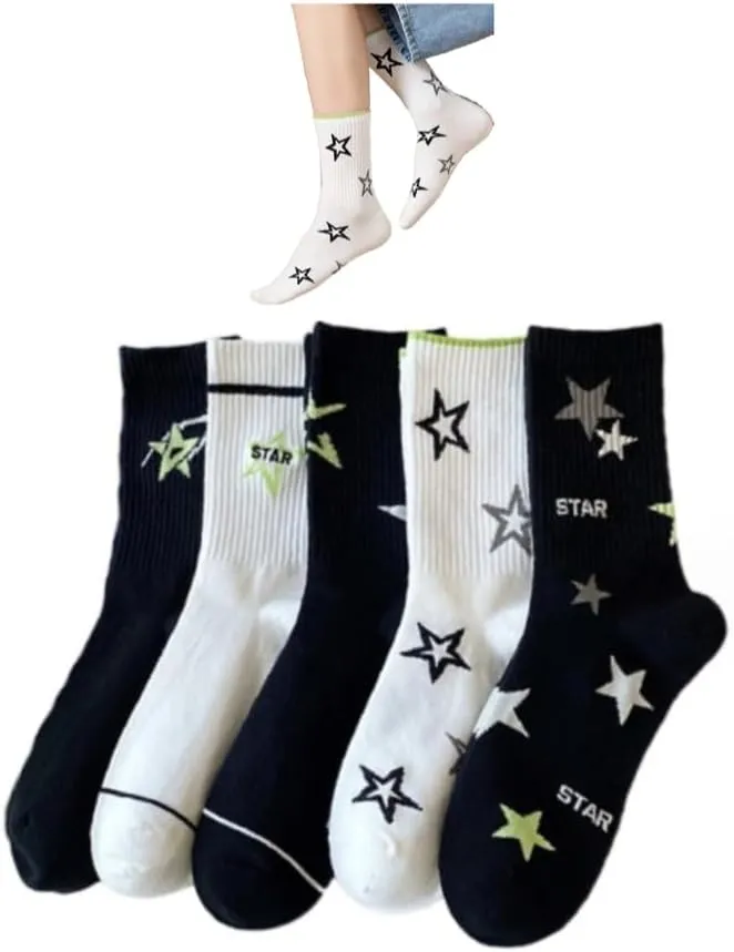 Star Socks 5-Pairs Cute White Black Colorful Star Women’s Soft Cotton Rib Mid-Calf Socks