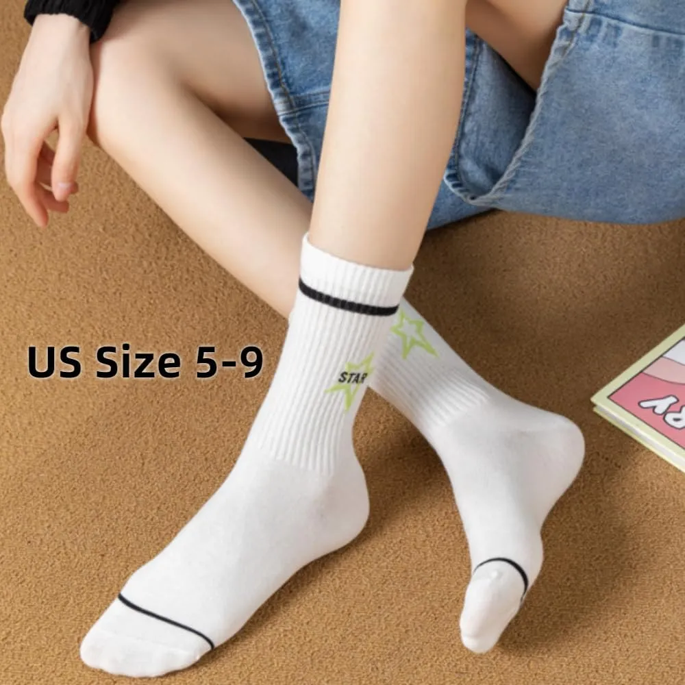 Star Socks 5-Pairs Cute White Black Colorful Star Women’s Soft Cotton Rib Mid-Calf Socks