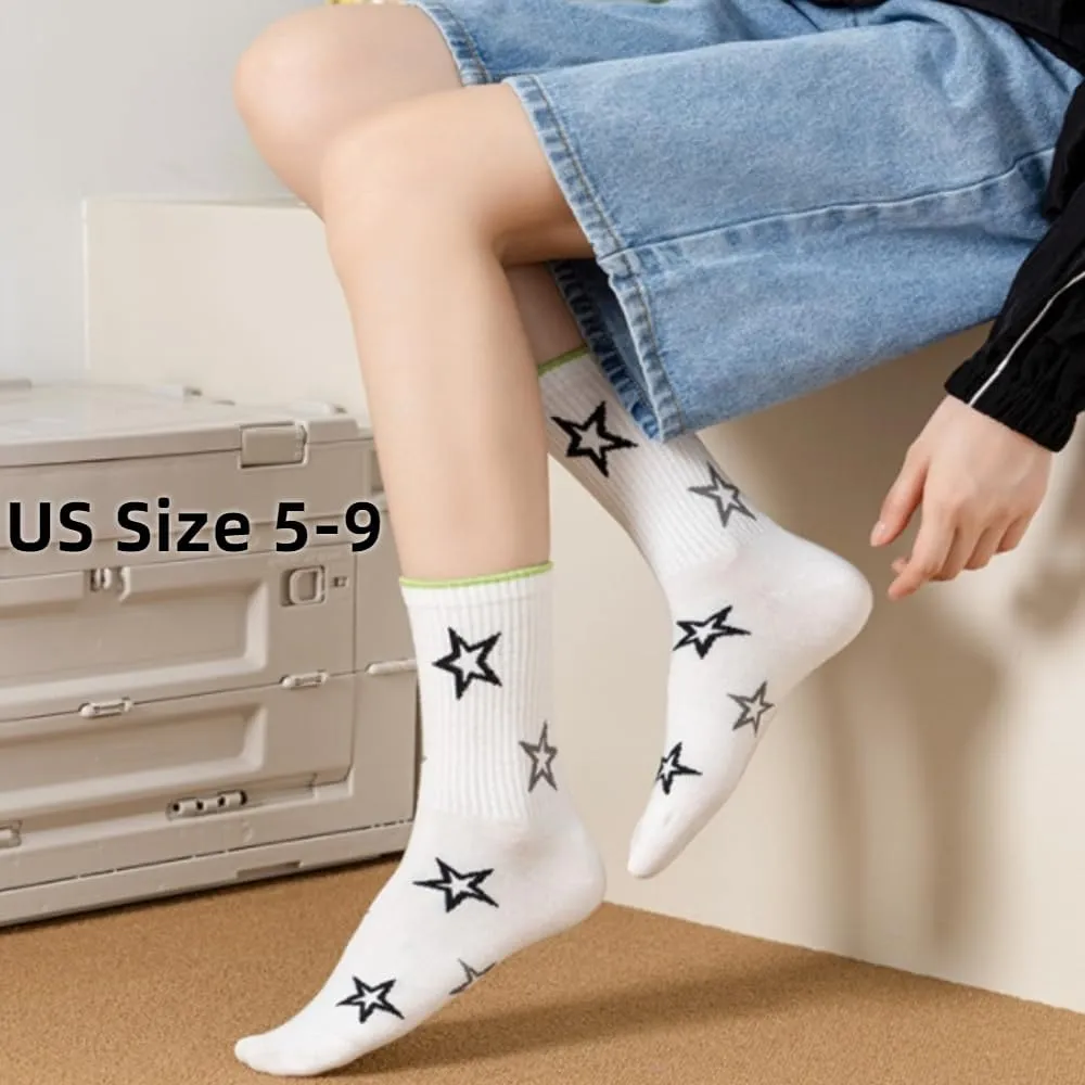 Star Socks 5-Pairs Cute White Black Colorful Star Women’s Soft Cotton Rib Mid-Calf Socks
