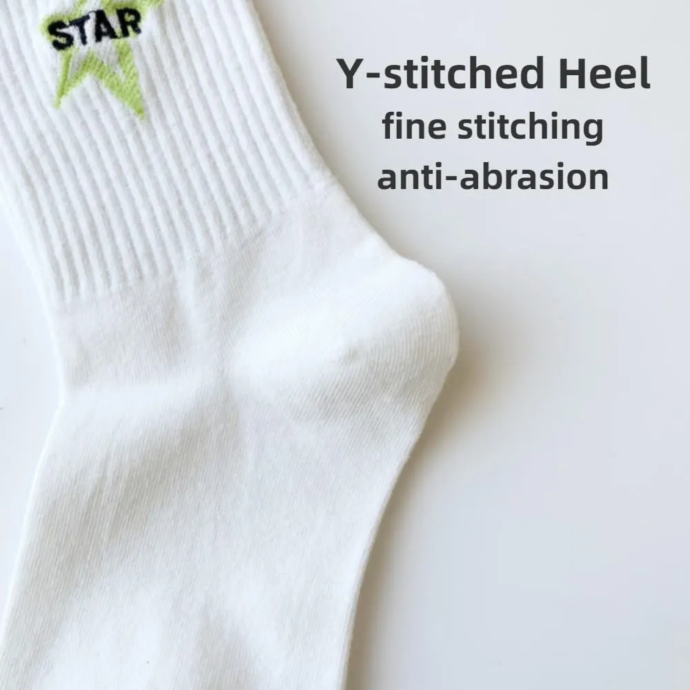 Star Socks 5-Pairs Cute White Black Colorful Star Women’s Soft Cotton Rib Mid-Calf Socks