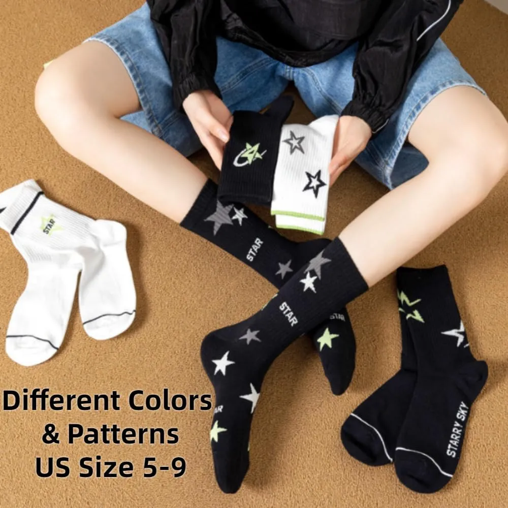 Star Socks 5-Pairs Cute White Black Colorful Star Women’s Soft Cotton Rib Mid-Calf Socks