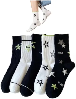 Star Socks 5-Pairs Cute White Black Colorful Star Women’s Soft Cotton Rib Mid-Calf Socks