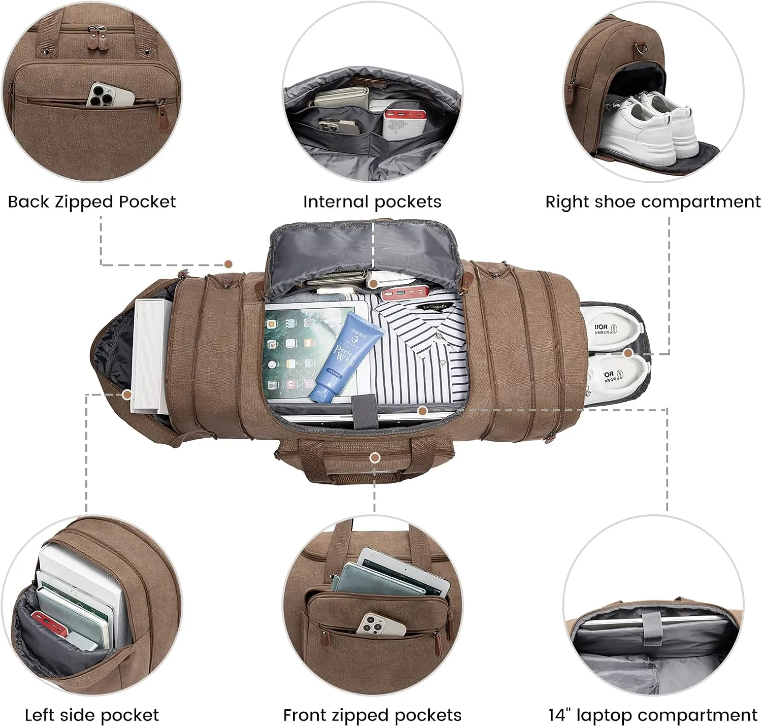 Sucipi Canvas Travel Duffel Bag - 43L Overnight Carry On with Shoe Compartment & Toiletry Bag for Airplanes
