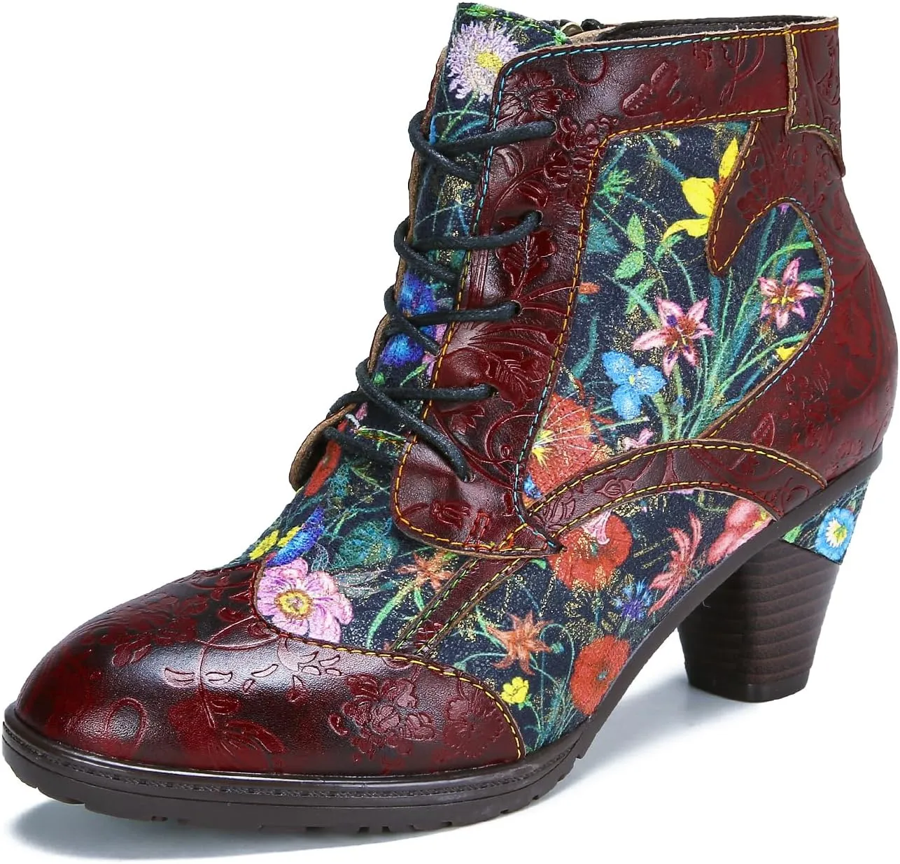 Superladystar's Retro Handmade Leather Women's Ankle Boots, Medium Heel, Colorful Painting, Metallic Style - Fashion, Comfortable, Durable, Unique Minority Style