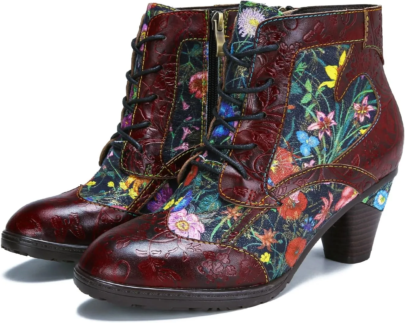 Superladystar's Retro Handmade Leather Women's Ankle Boots, Medium Heel, Colorful Painting, Metallic Style - Fashion, Comfortable, Durable, Unique Minority Style